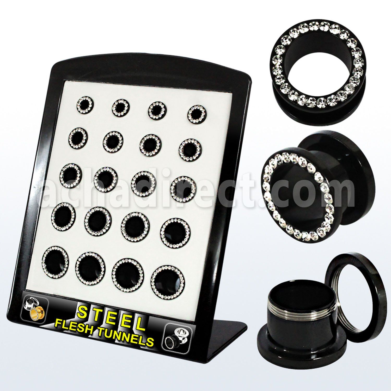 brpg148b display 20 tuneles plug acero anodizado negro cristal 2g 916 6mm 14mm venta por mayor