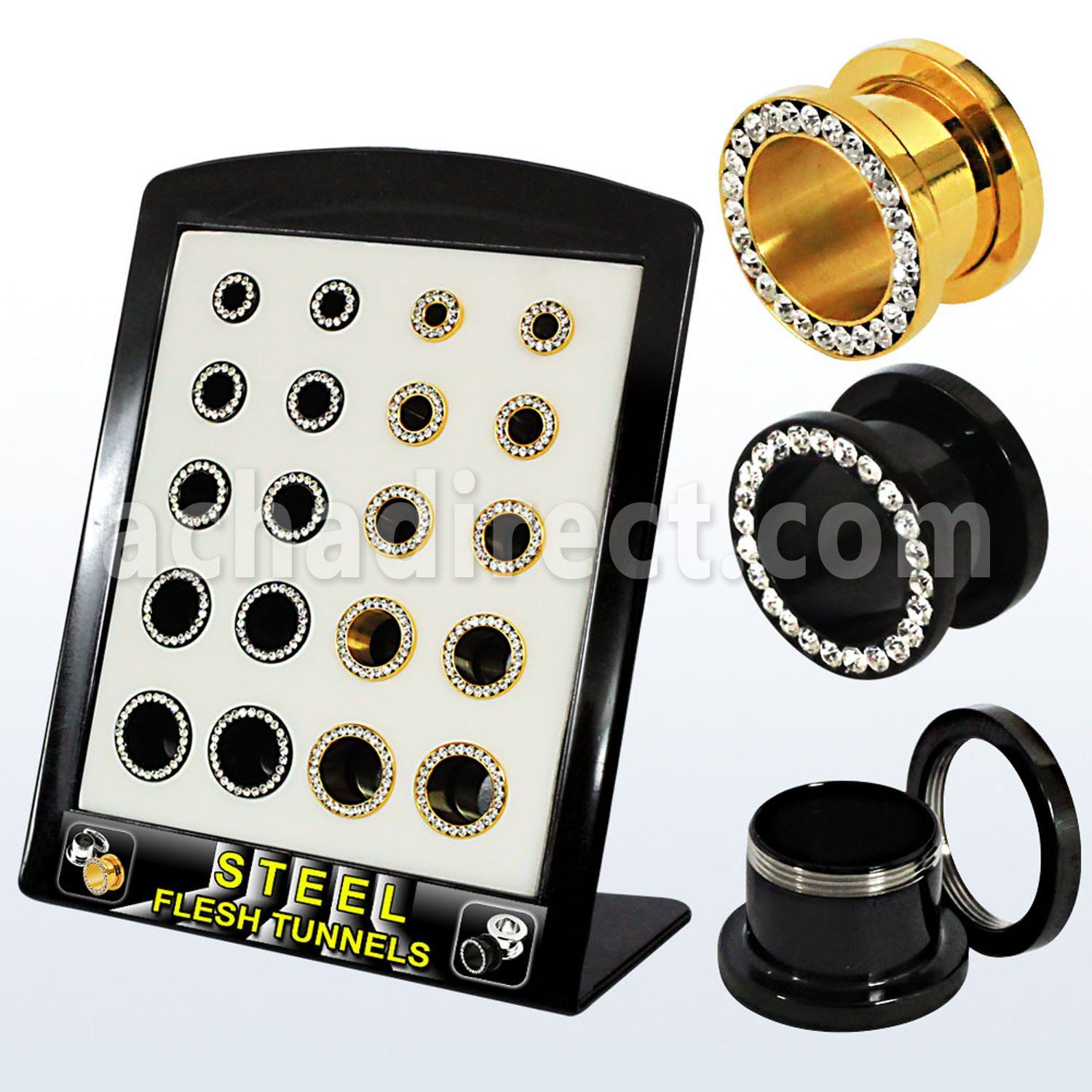 brpg148b venta por mayor display 20 tuneles plug acero anodizado negro cristal 2g 916 6mm 14mm al por mayor