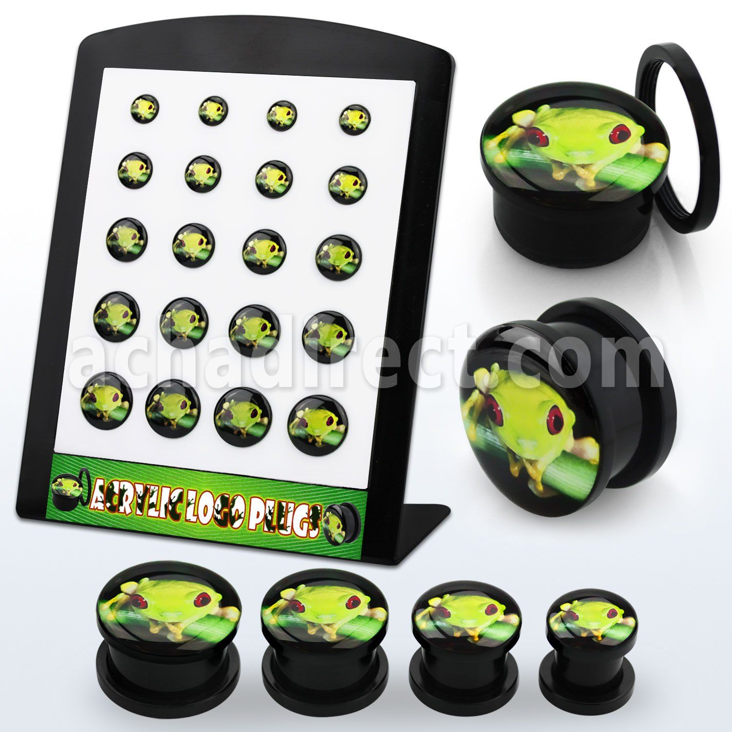 brpg169 display 20 dilatadores plug acrIlico negro rosca conlogo rana verde 2g 916 6mm  14mm distribuidor mayorista