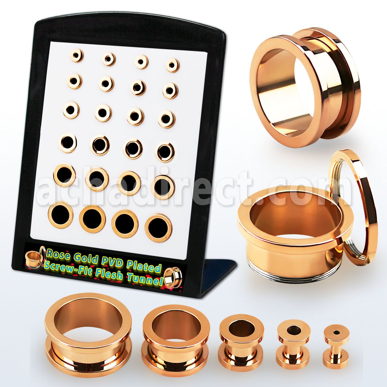 brpg198 al por mayor display 24 dilatadores tunel doble flare acero quirurgico pvd oro rosa rosca interna 6g to 12 4mm 12mm mayorista