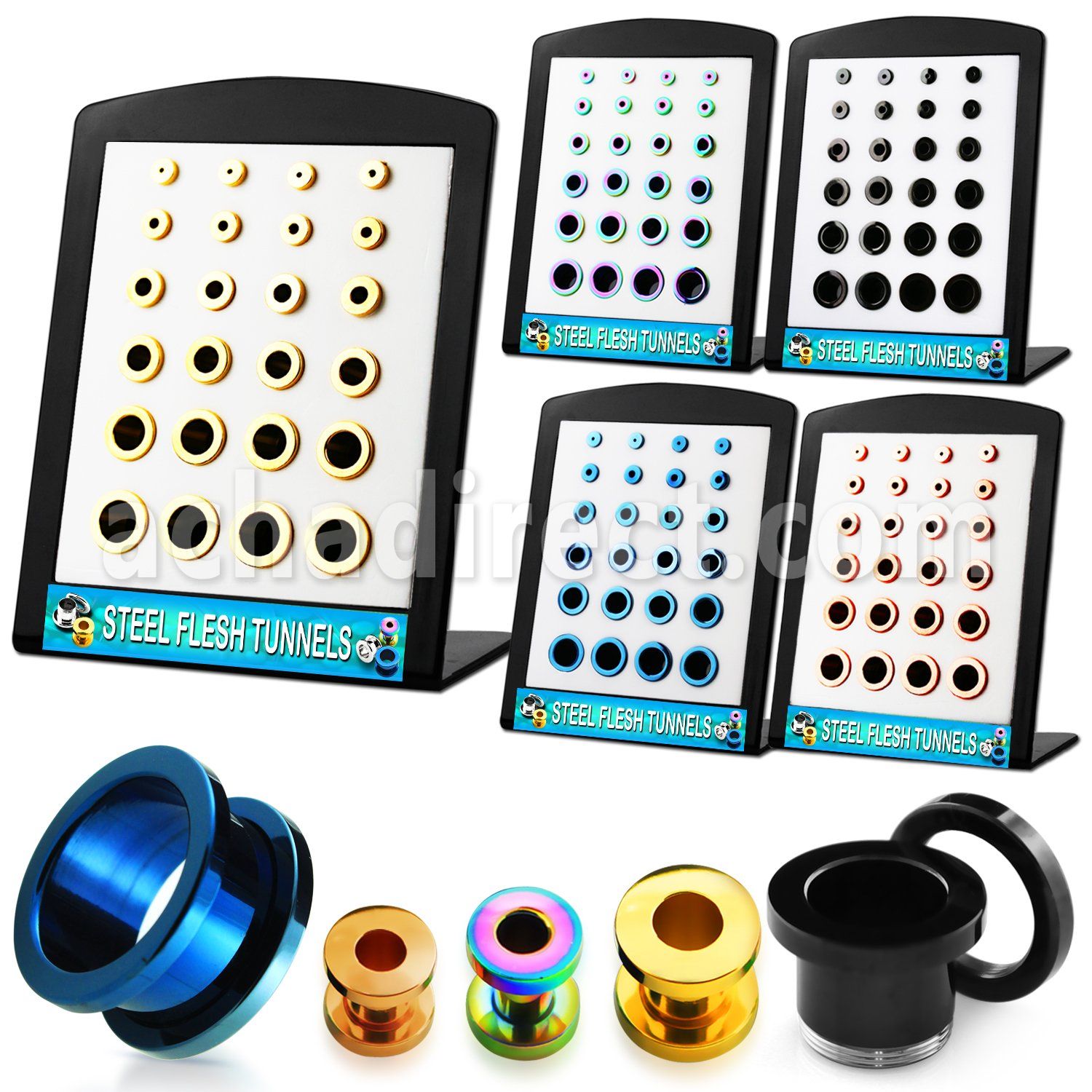 brpg6 display 24 dilatadores tunel acero quirurgico pvd rosca 3g to 12 3mm 12mm distribuidor mayorista