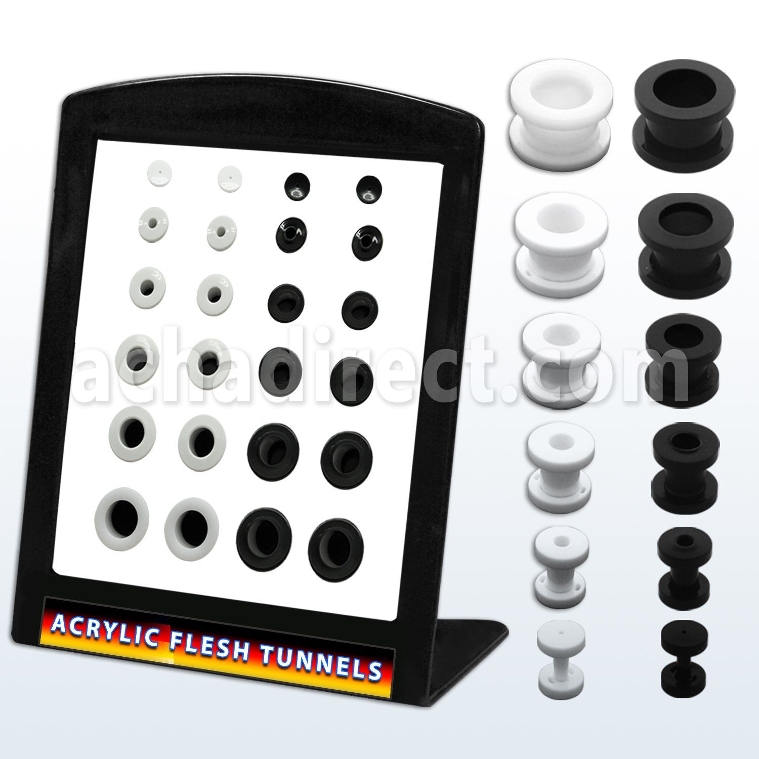 brpg76 distribuidor mayorista display 24 plugs acrIlico negros logo doble cara palomas 6g to 12 venta por mayor