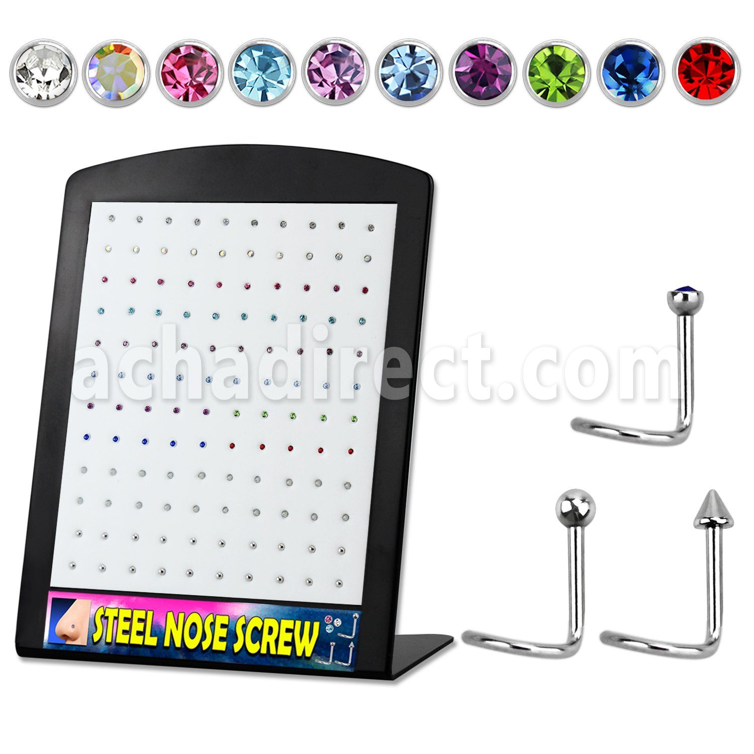 brs113 display expositor 120 piercing nariz l acero quirurgico cristal bolas conos venta