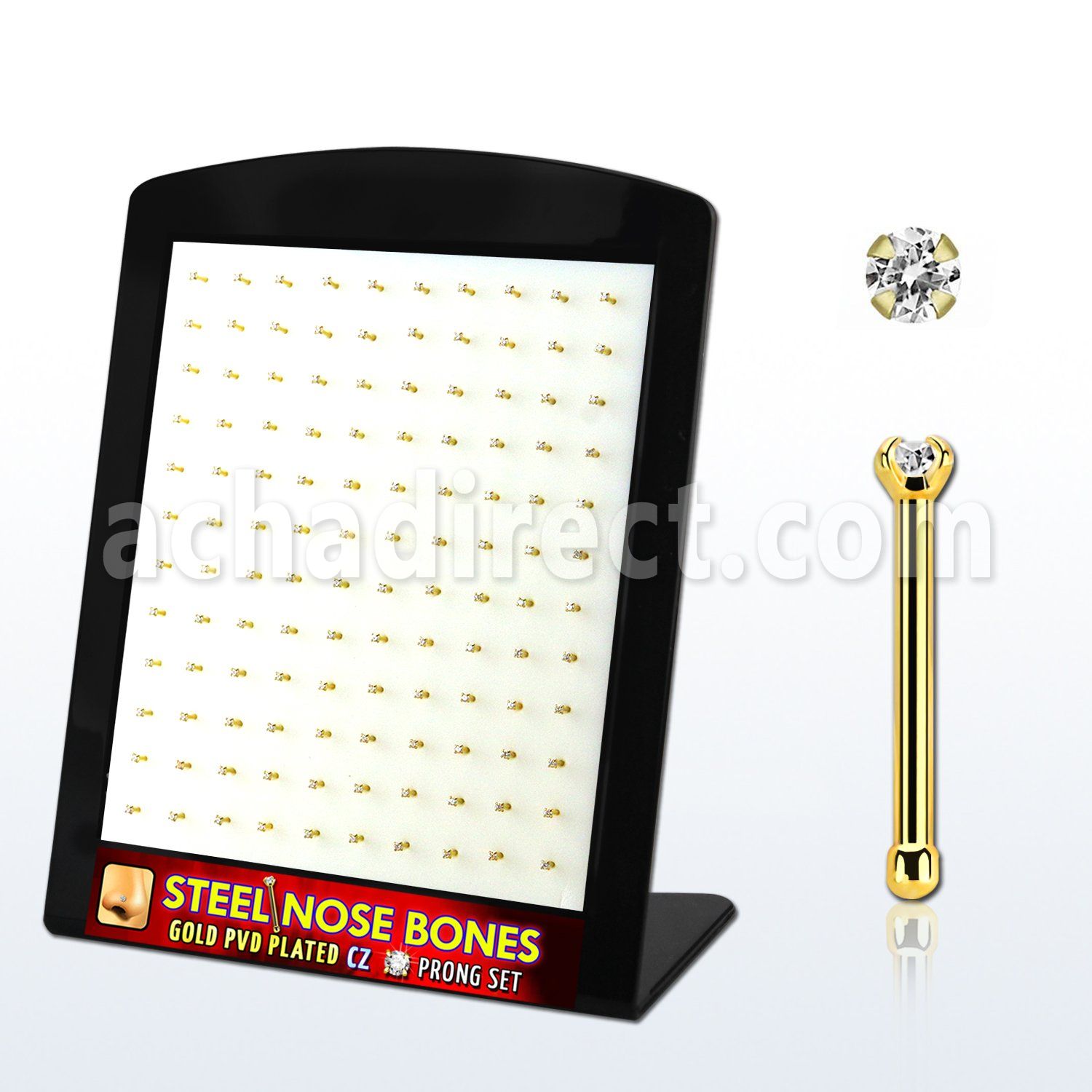 brs124 display unidades piercing nariz acero chapado pvd dorado hueso cz redonda color claro