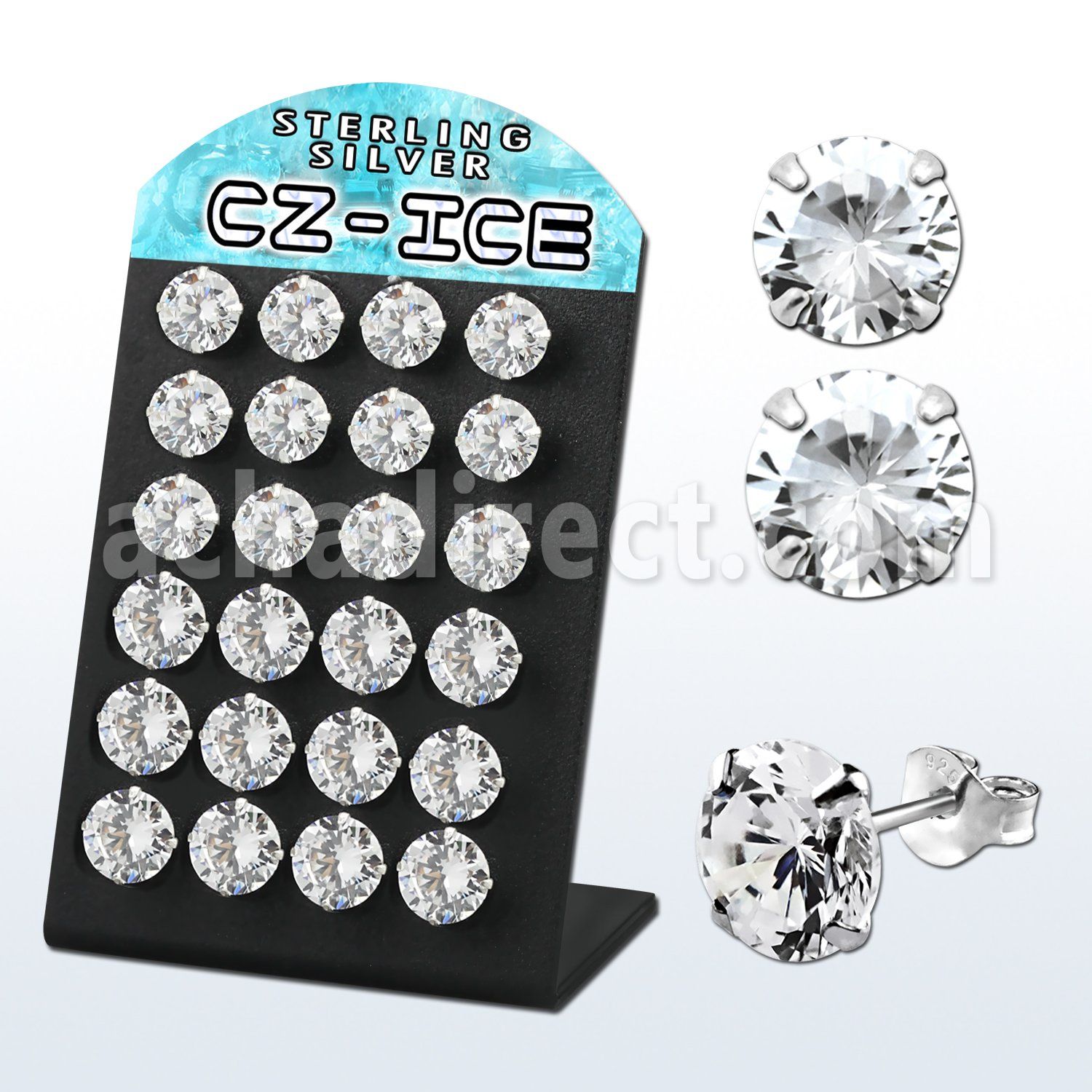 brscz9 display 12 pares piercings oreja plata esterlina grandes zirconia redondas claras 9mm 10mm venta