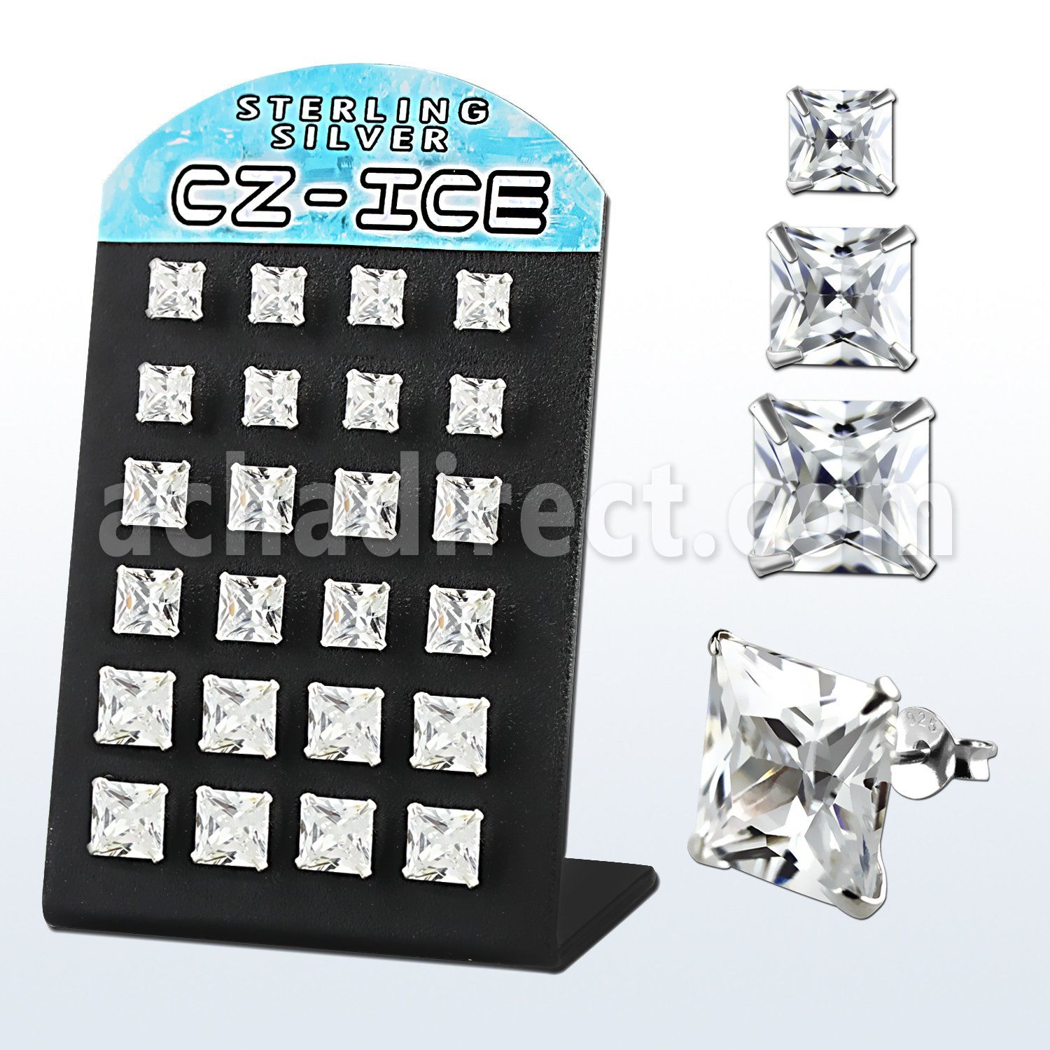 brsczsq display 12 pares piercings oreja plata esterlina zirconia cuadradas claras 6mm 8mm distribuidor