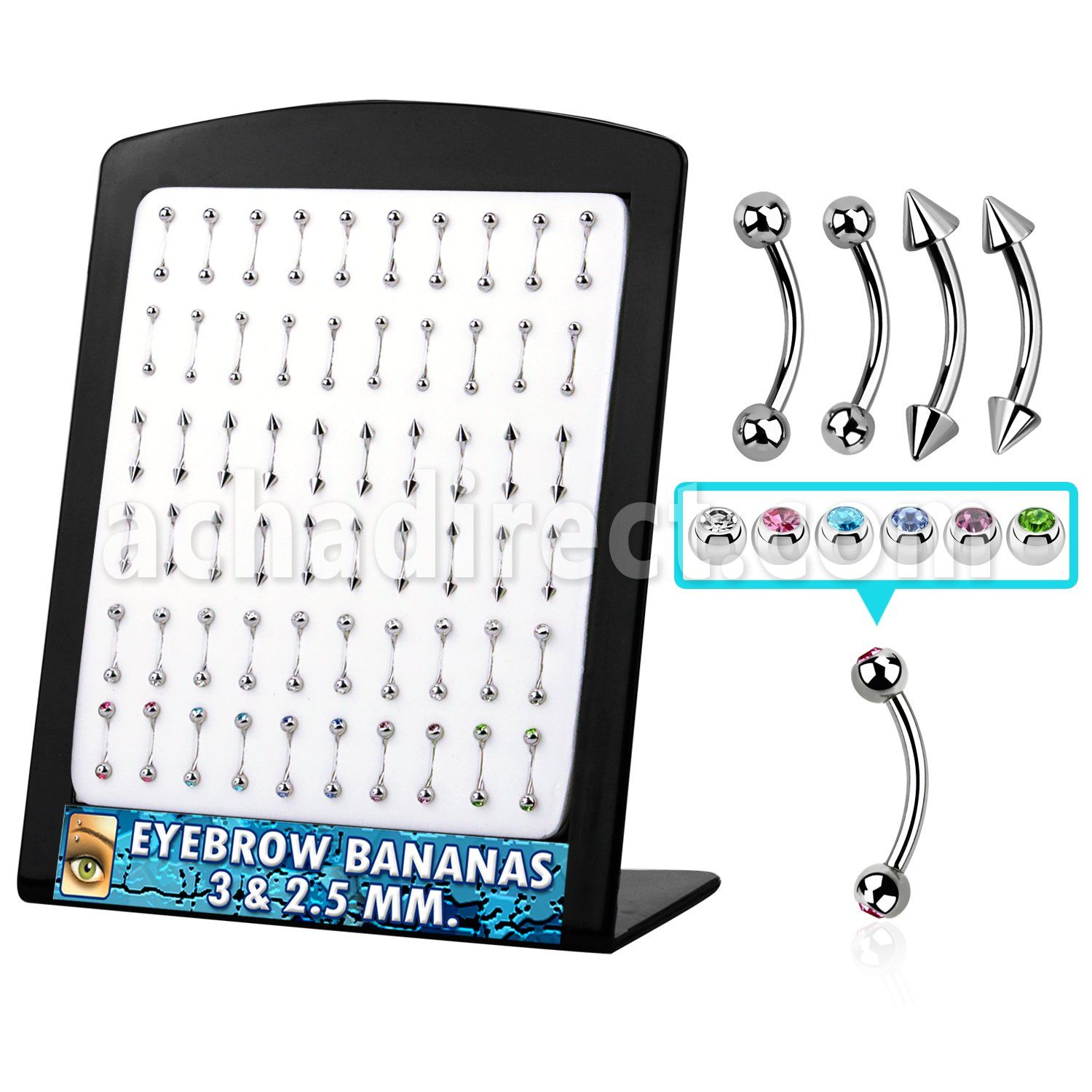 brse display 60 bananas ceja acero quirurgico mezirconia bolas conos bolas joya bisel 2 5mm 3mm 8mm mayorista