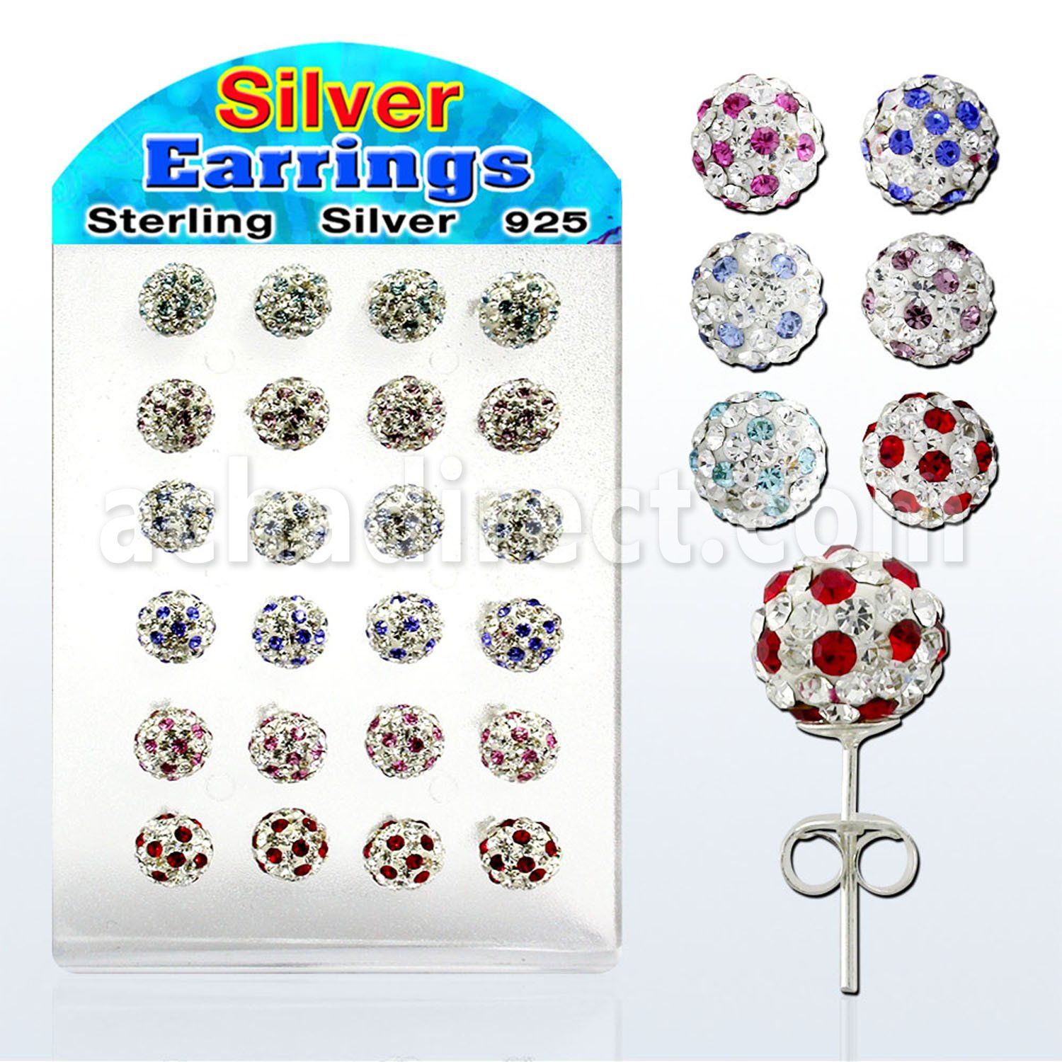 brsfd2 display 12 pares piercings oreja plata esterlina cristal ferido 8mm bola mayorista