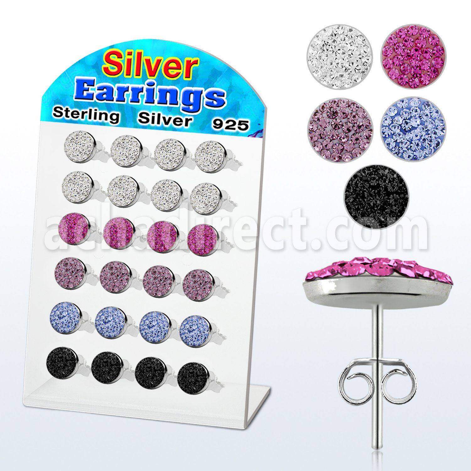 brsfd4 display 12 pares piercings oreja plata esterlina cristal redondos ferido 9mm mayorista