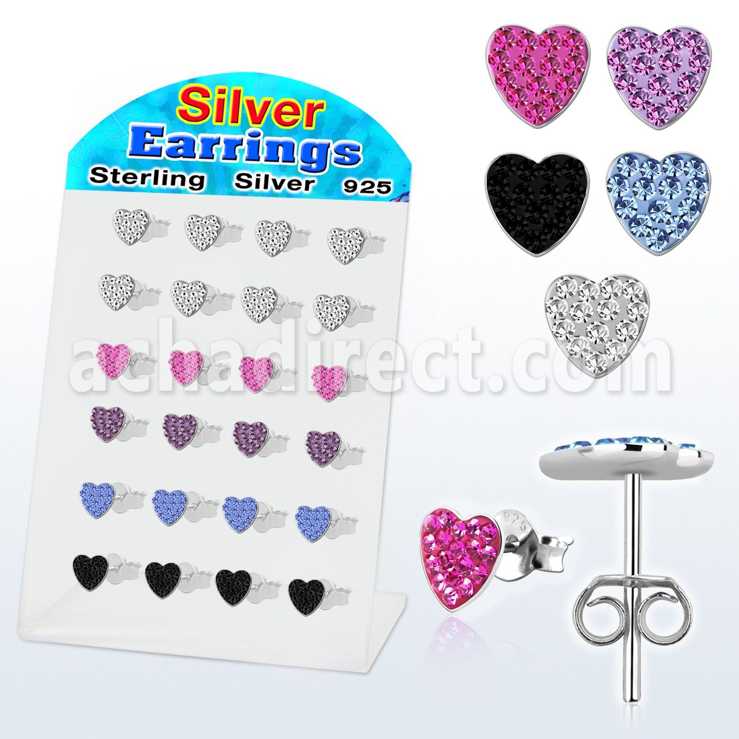 brsfd7 display 12 pares piercings oreja plata esterlina cristal ferido 6mm corazon mayorista