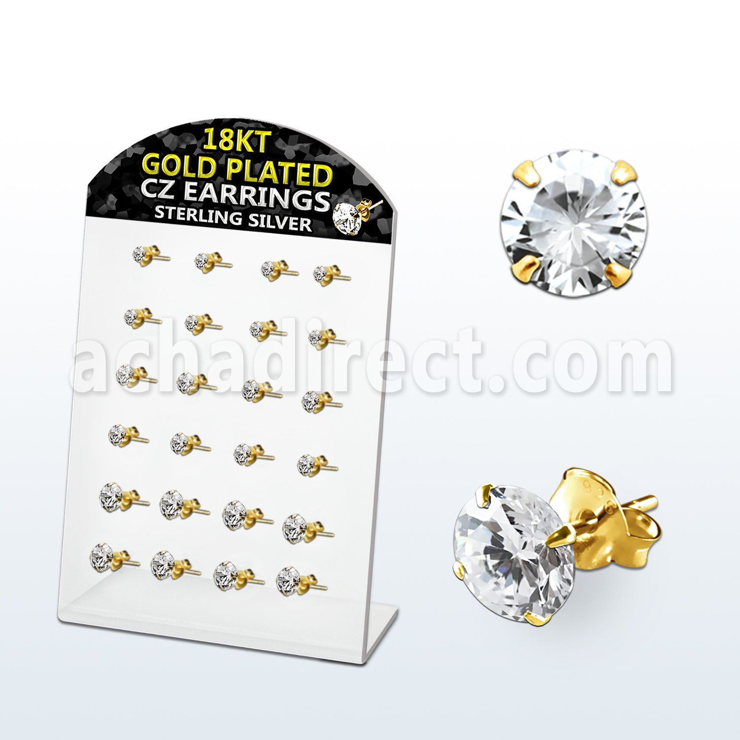 brsgp1 display 12 pares piercings oreja plata esterlina oro 18 kts zirconia claras redondas 3mm 5mm mayorista