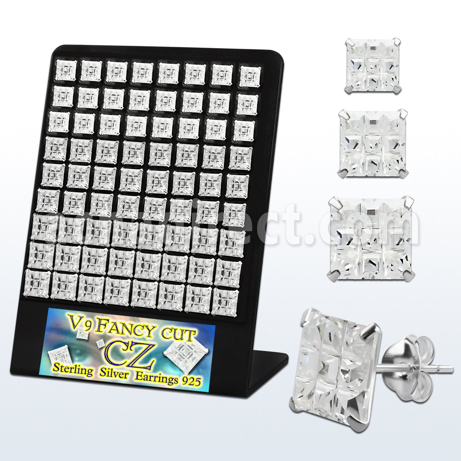 brsqv9 display 36 pares piercings oreja plata 925 zirconia claras cuadradas corte lujoso 6mm 8mm distribuidor mayorista