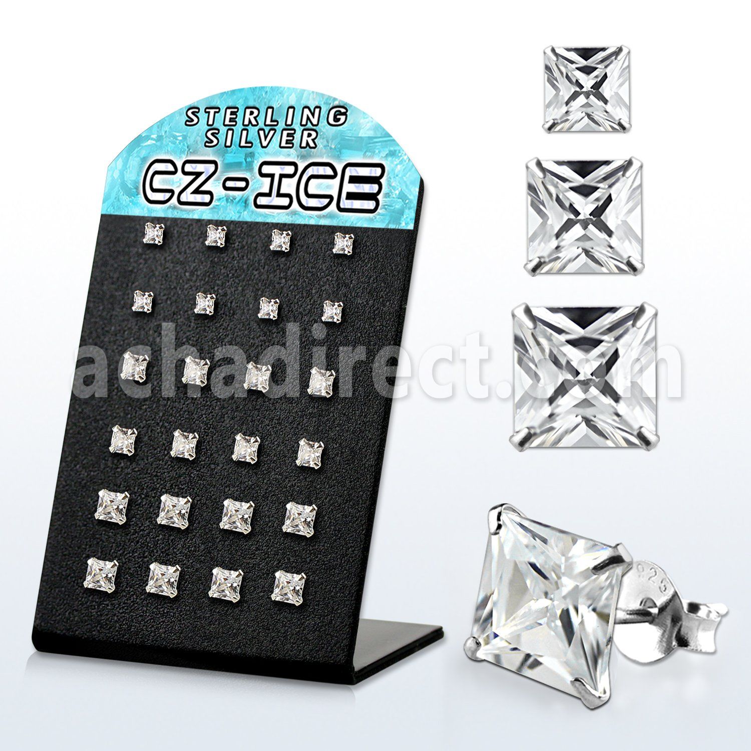 brssq3 display 12 pares piercings oreja plata esterlina zirconia cuadradas claras 3mm 5mm distribuidor mayorista