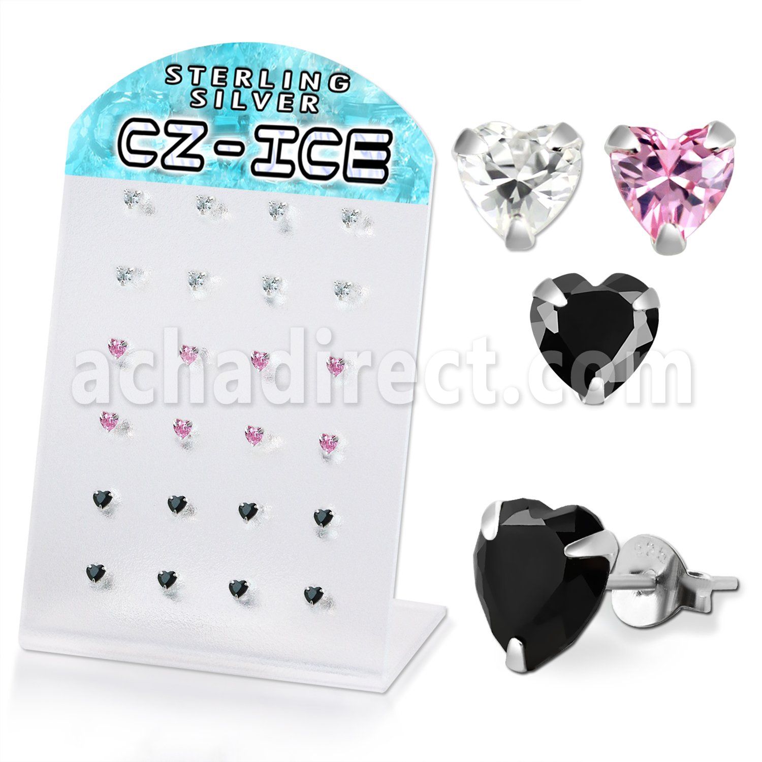 brszh3a silver ear studs heart assorted color cz 12