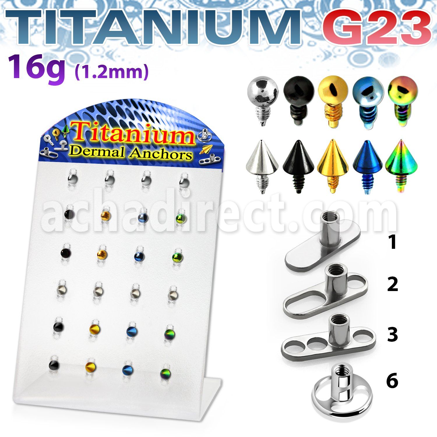 brtsa5 display 24 bases microdermal titanio g23 bolas conos 3mm acero quirurgico anodizado 2mm 2 5mm venta