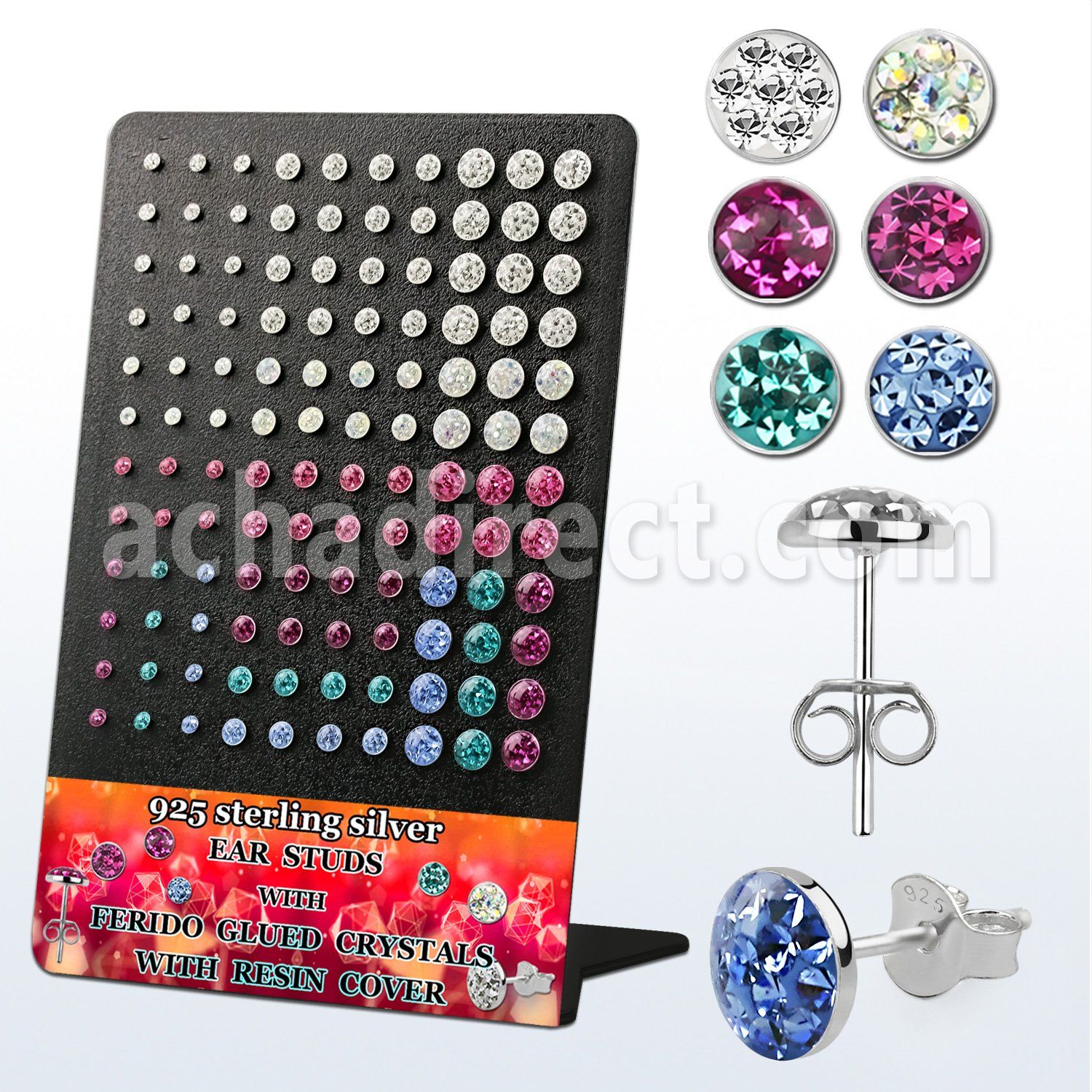 brvfrm display acrilico 60 pares piercings oreja plata 925 cristal ferido 2 5 6mm al por mayor