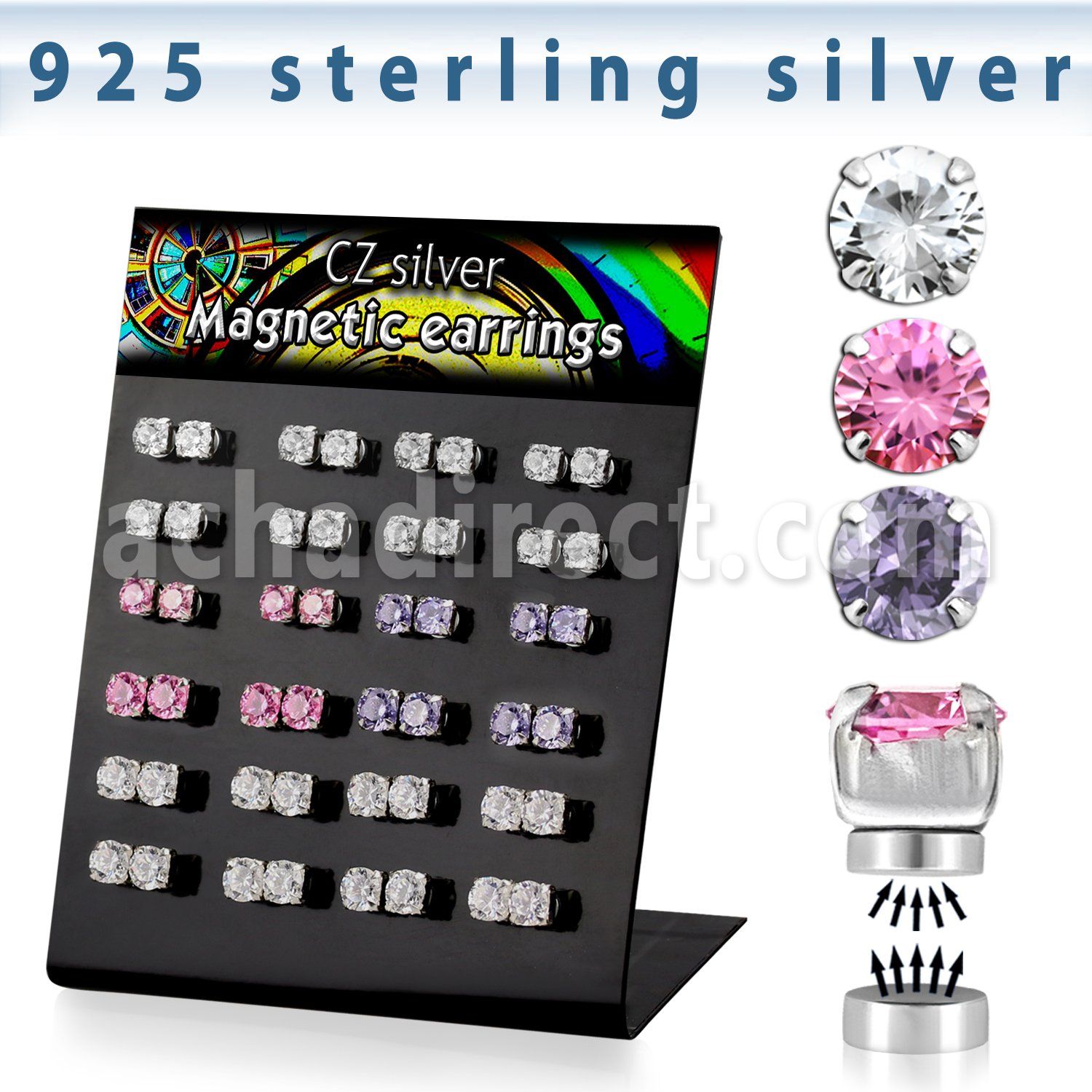 brzmgm display 24 piercings oreja magneticos zirconia redondas plata rosa lavanda venta