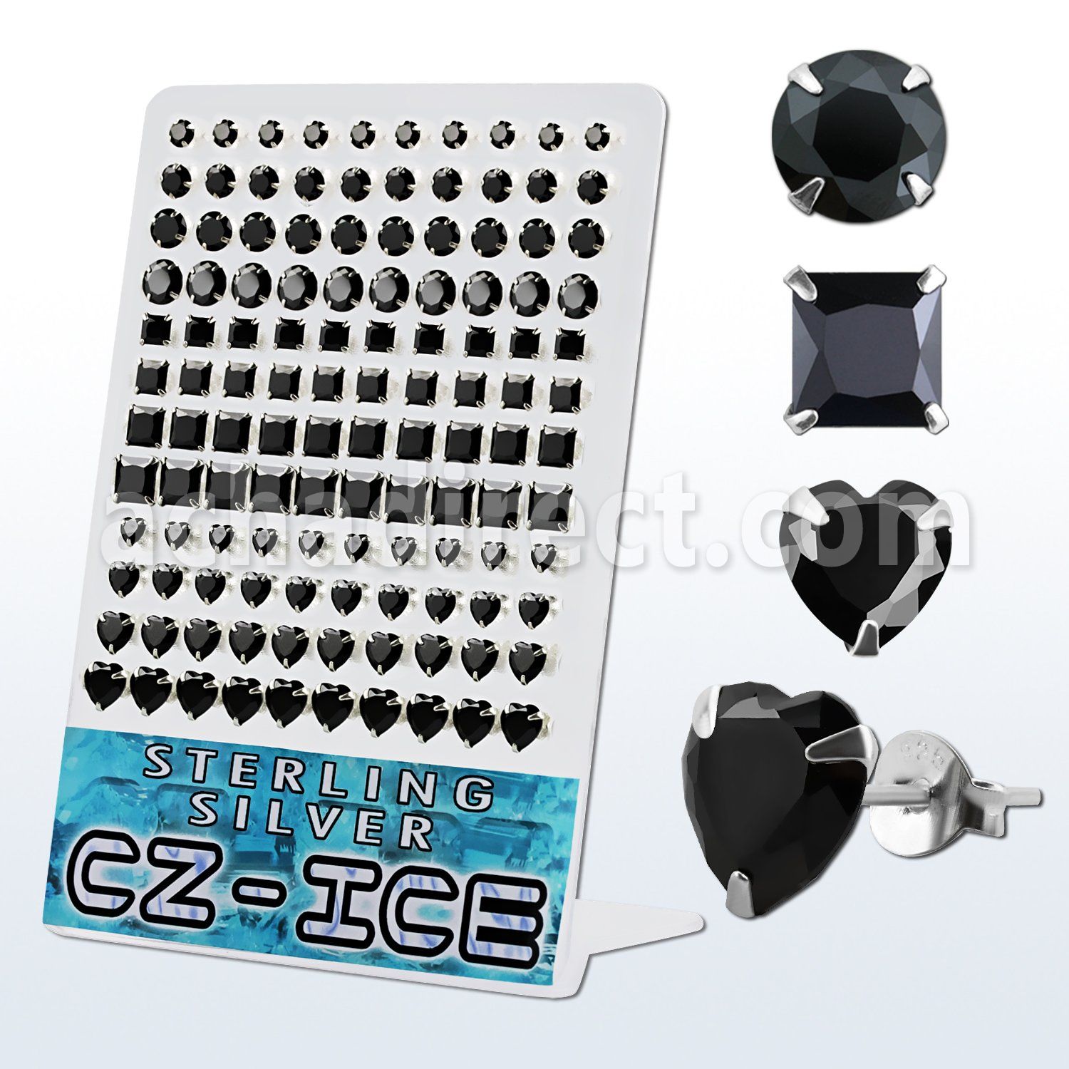 brzshb display 60 pares piercings oreja plata 925 zirconia negras 5mm 8mm formas variadas venta