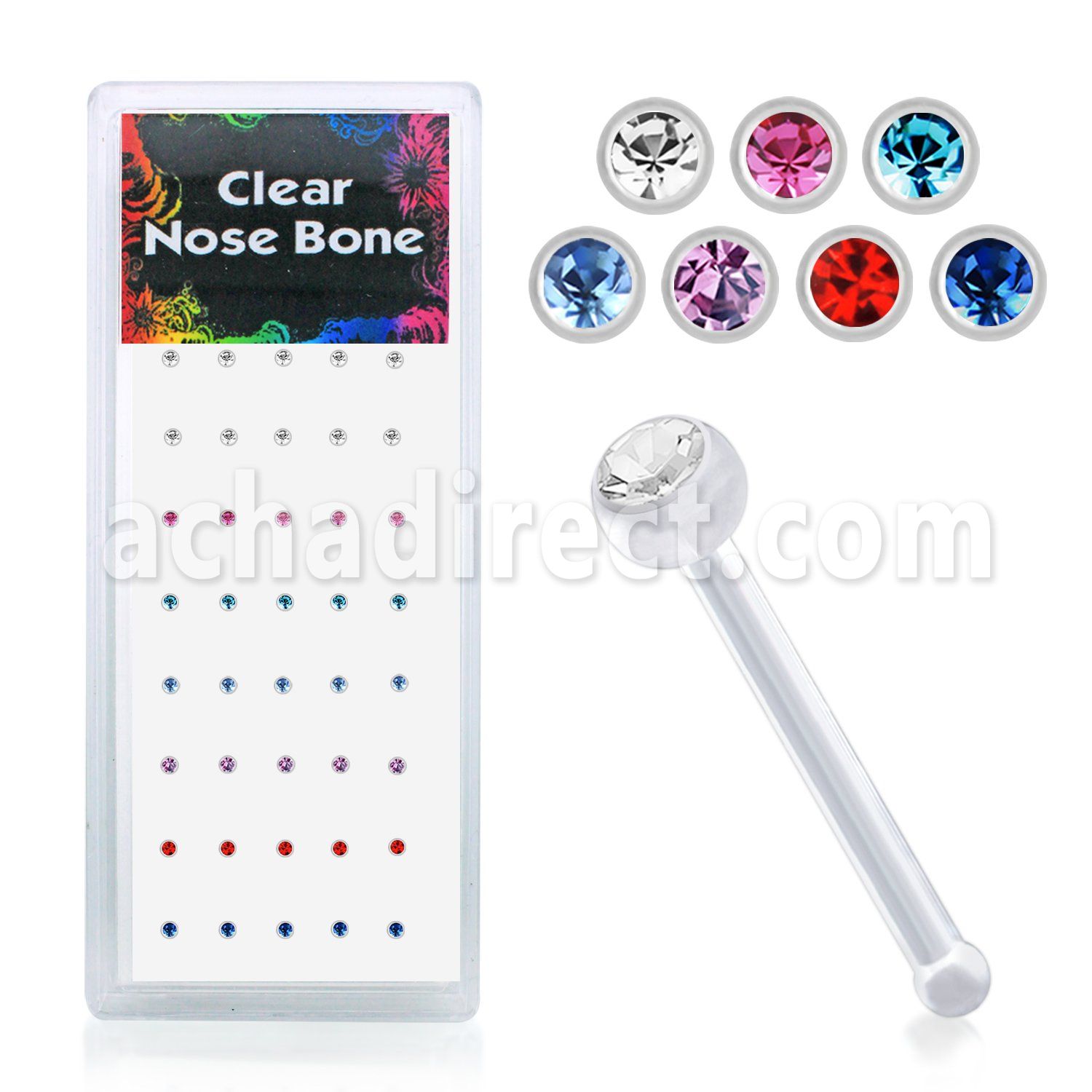 bxa19l caja 40 piercing nariz hueso acrilico transparente bola 2mm cristal redondo venta