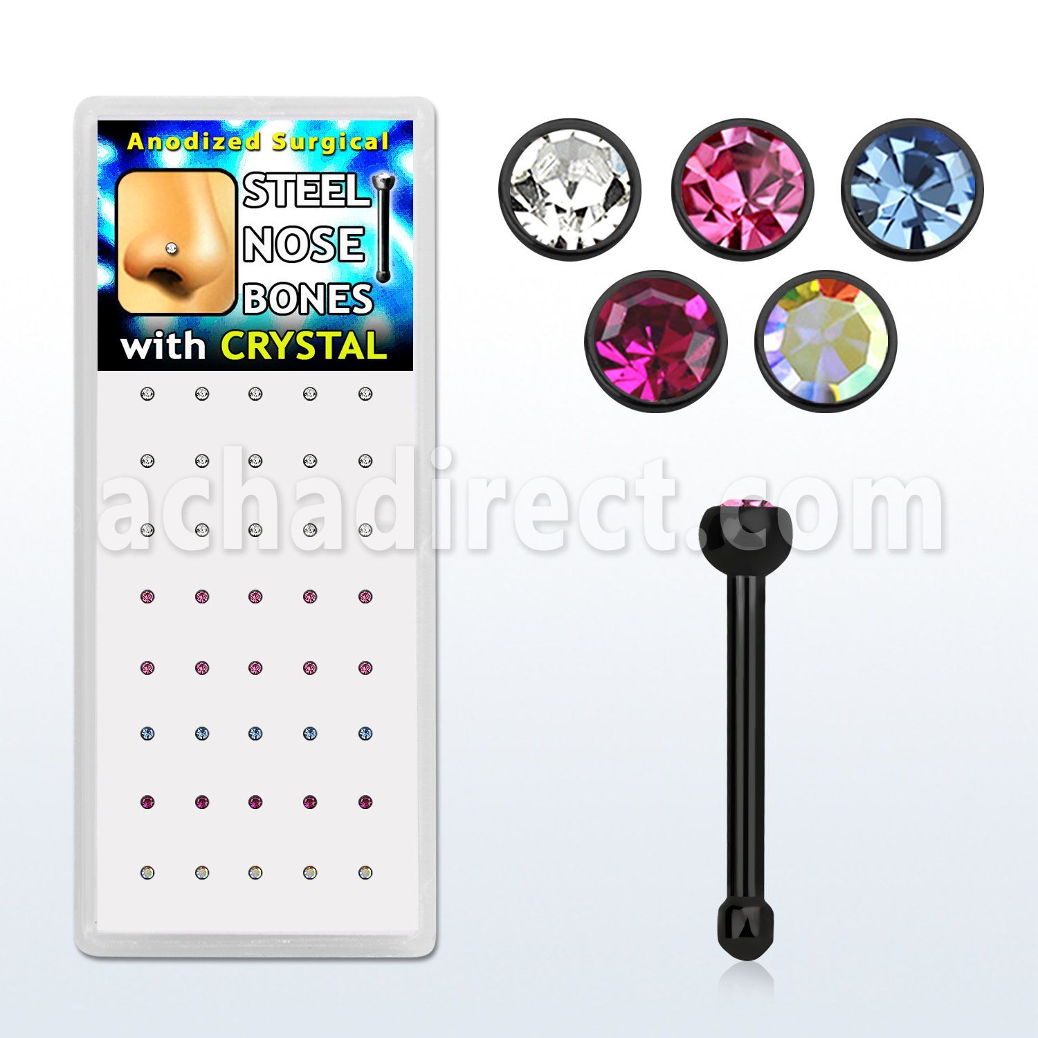 bxb105 caja unidades piercing nariz forma hueso acero l anodizado negro mm cristal redondo colores variados la parte superior al por mayor