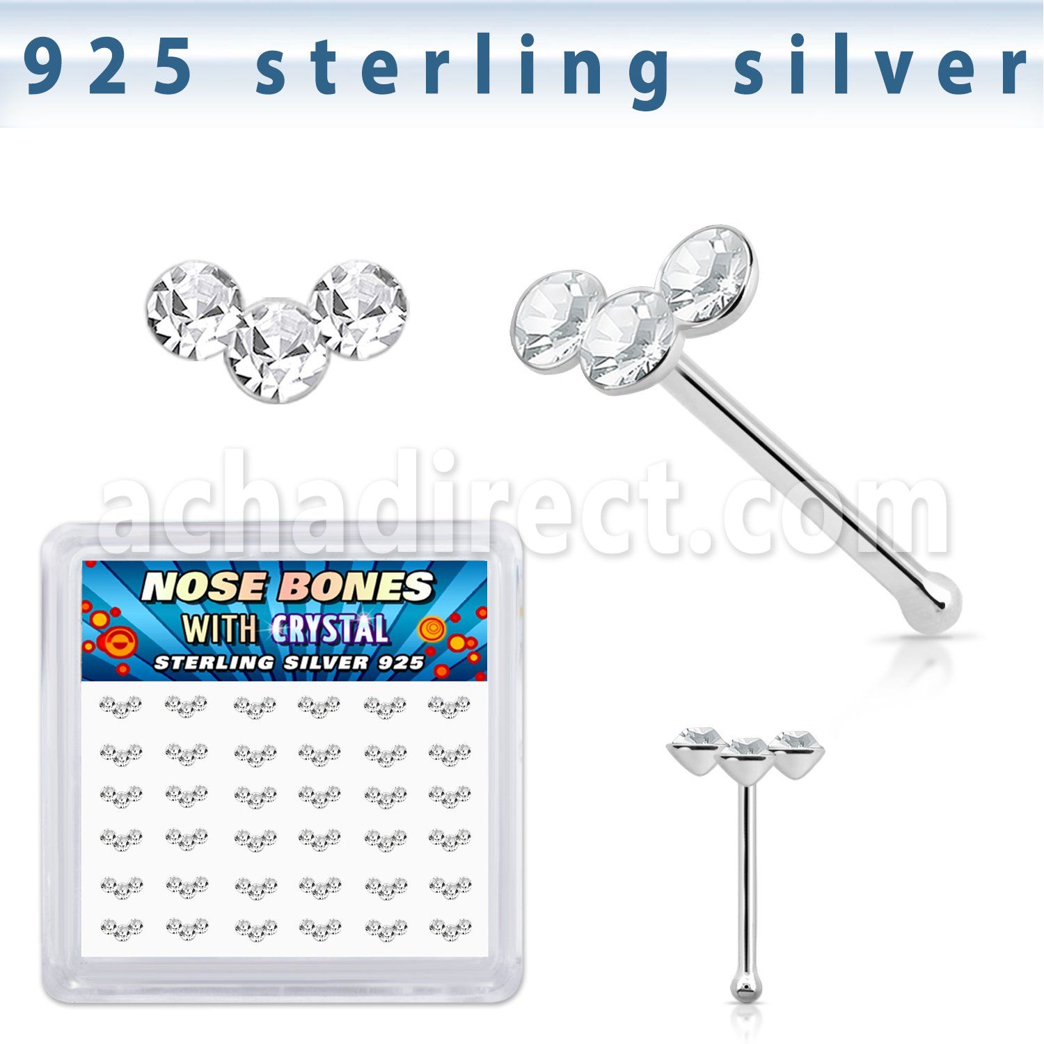 bxcubc36 silver nose bones 22g clear crystals curved 36