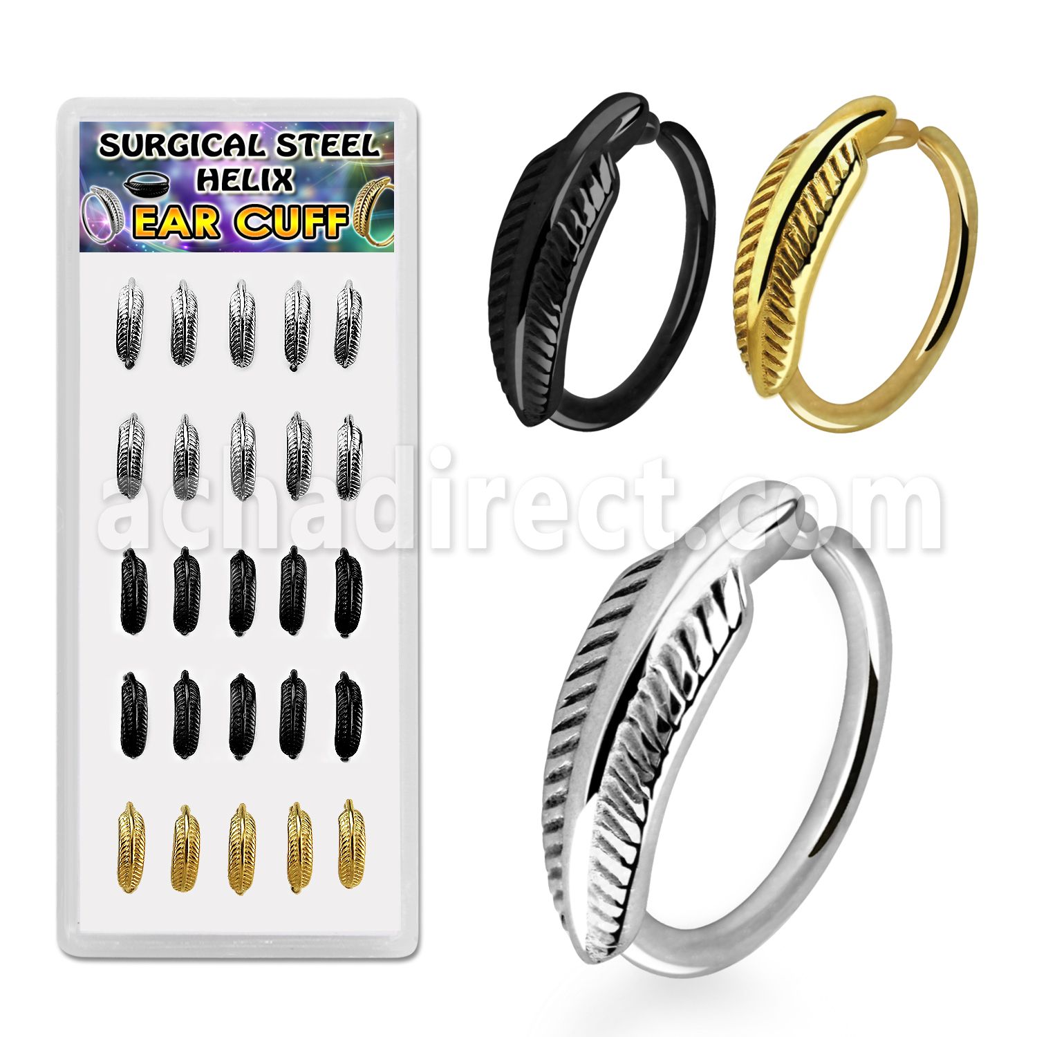 bxechf1 caja 25 piercing helix tipo ear cuffs acero 316l liso negro oro pluma diameter 38 10mm distribuidor mayorista