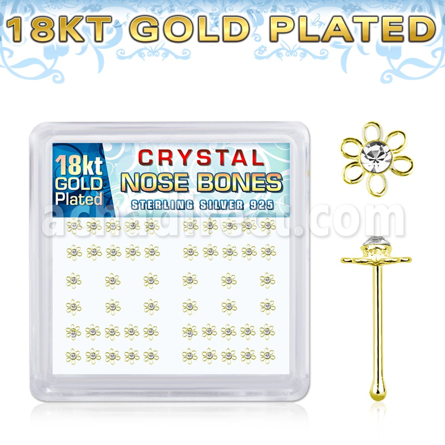 bxfl2cg 18k gold plated silver nose bones clear flower