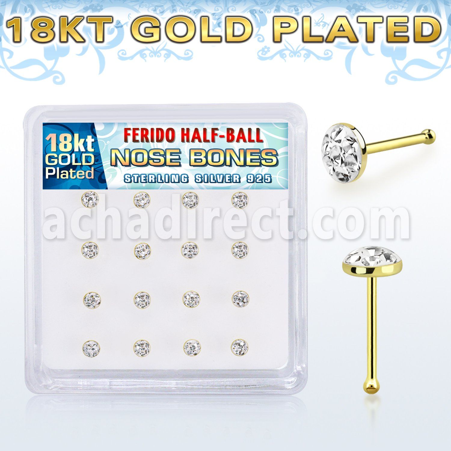 bxfr16gc 18k gold plated 925 silver nose bones 3mm ferido glued half ball resin cover
