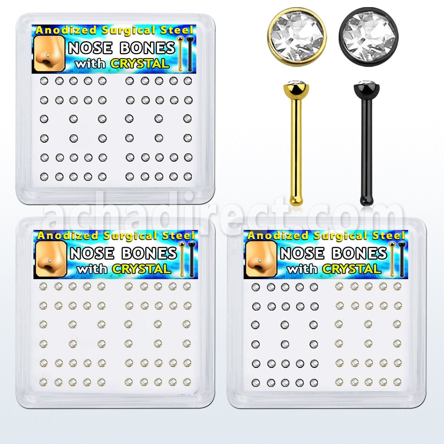 bxnbst20 box with 52 pcs. of black & gold anodized surgical steel nose bones 20g 0.8mm with 2mm clear crystal tops distribuidor mayorista