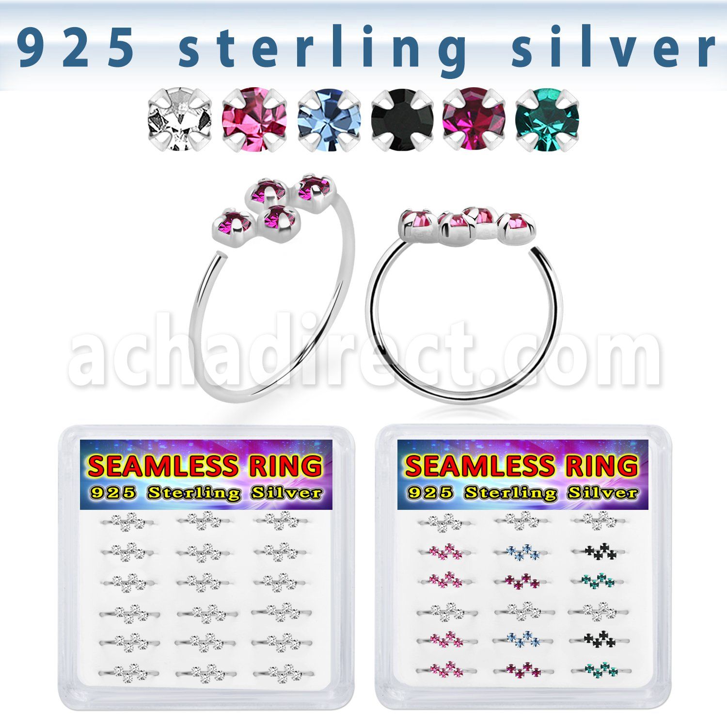 bxnhmx1 silver seamless nose ring 22g four crystals 18pcs