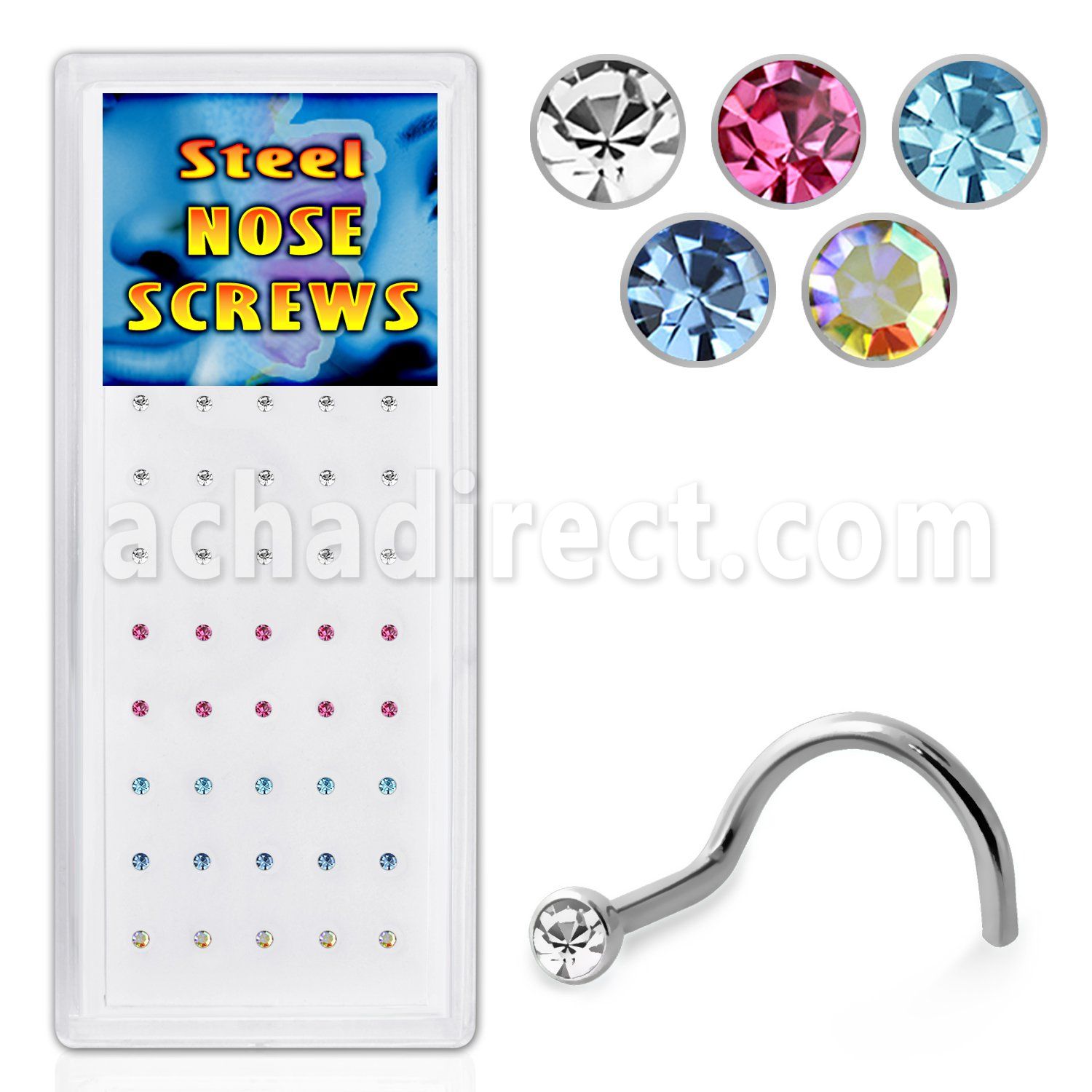 bxs103b caja 40 piercing nariz l acero quirurgico cristal redondo 2mm 5 colores mas vendidos mayorista
