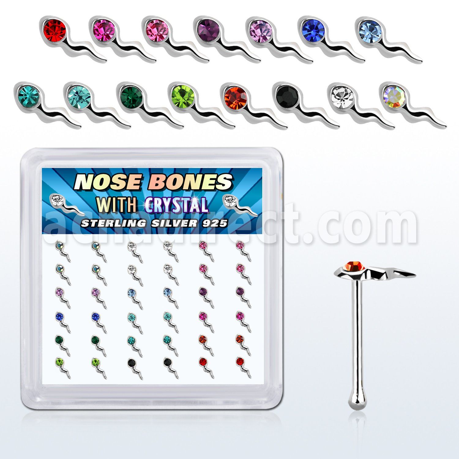 bxsmm36 caja unidades piercing nariz hueso plata esterlina parte superior espermatozoide cristal colores variados