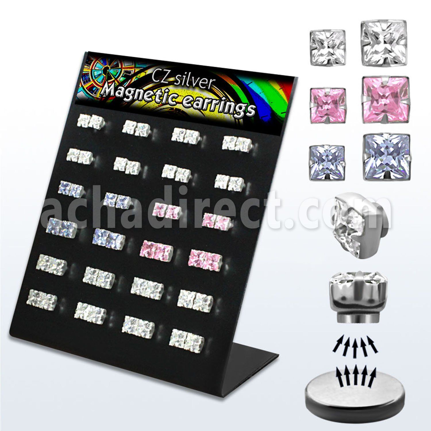 bzqmgm display 24 piercings oreja magneticos zirconia cuadradas plata esterlina claro rosa lavanda venta