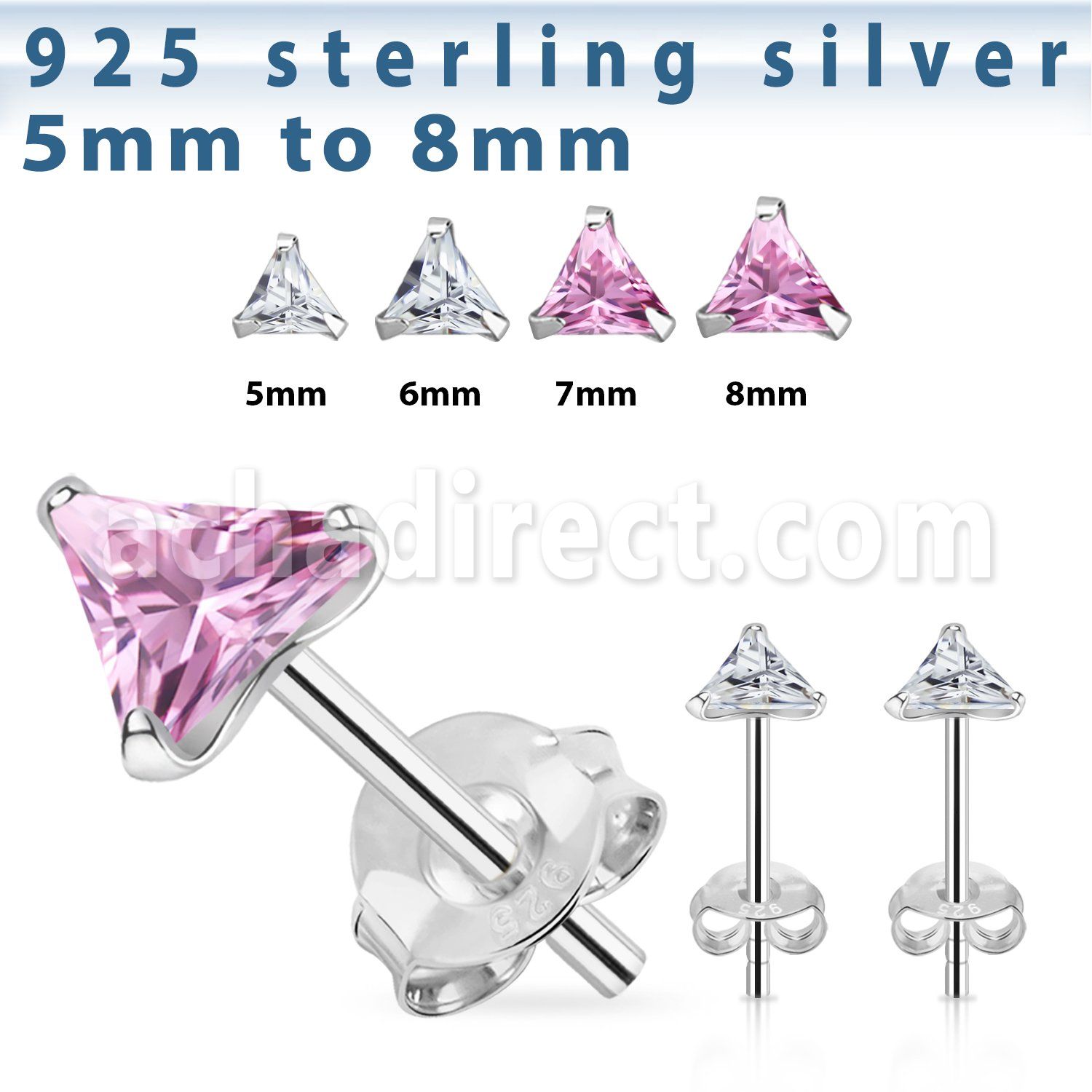 cztrm par piercings oreja plata 925 zirconia triangulares 5mm 8mm distribuidor