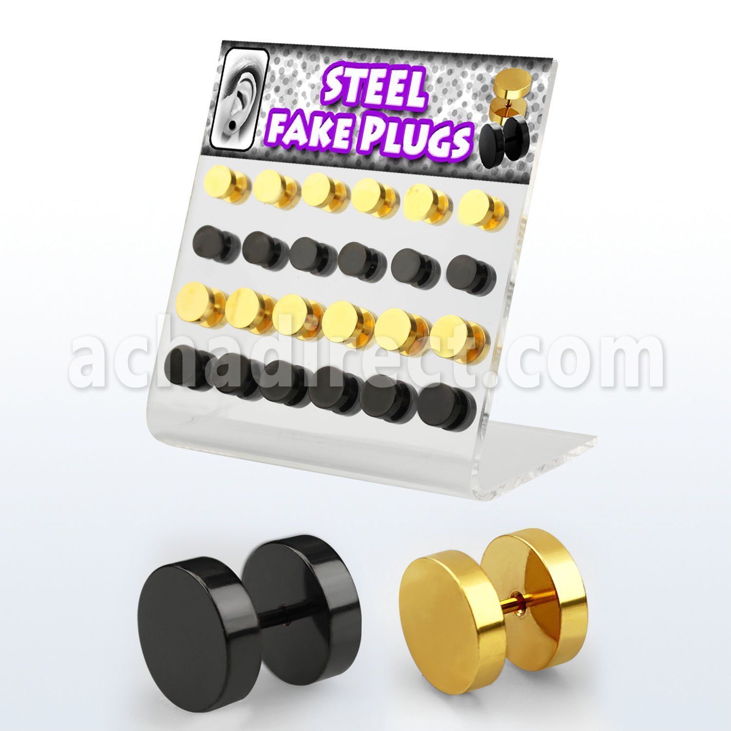 dacb103 display 24 plugs falsos acero 316l anodizado negro dorado anillo goma 8mm 10mm mayorista