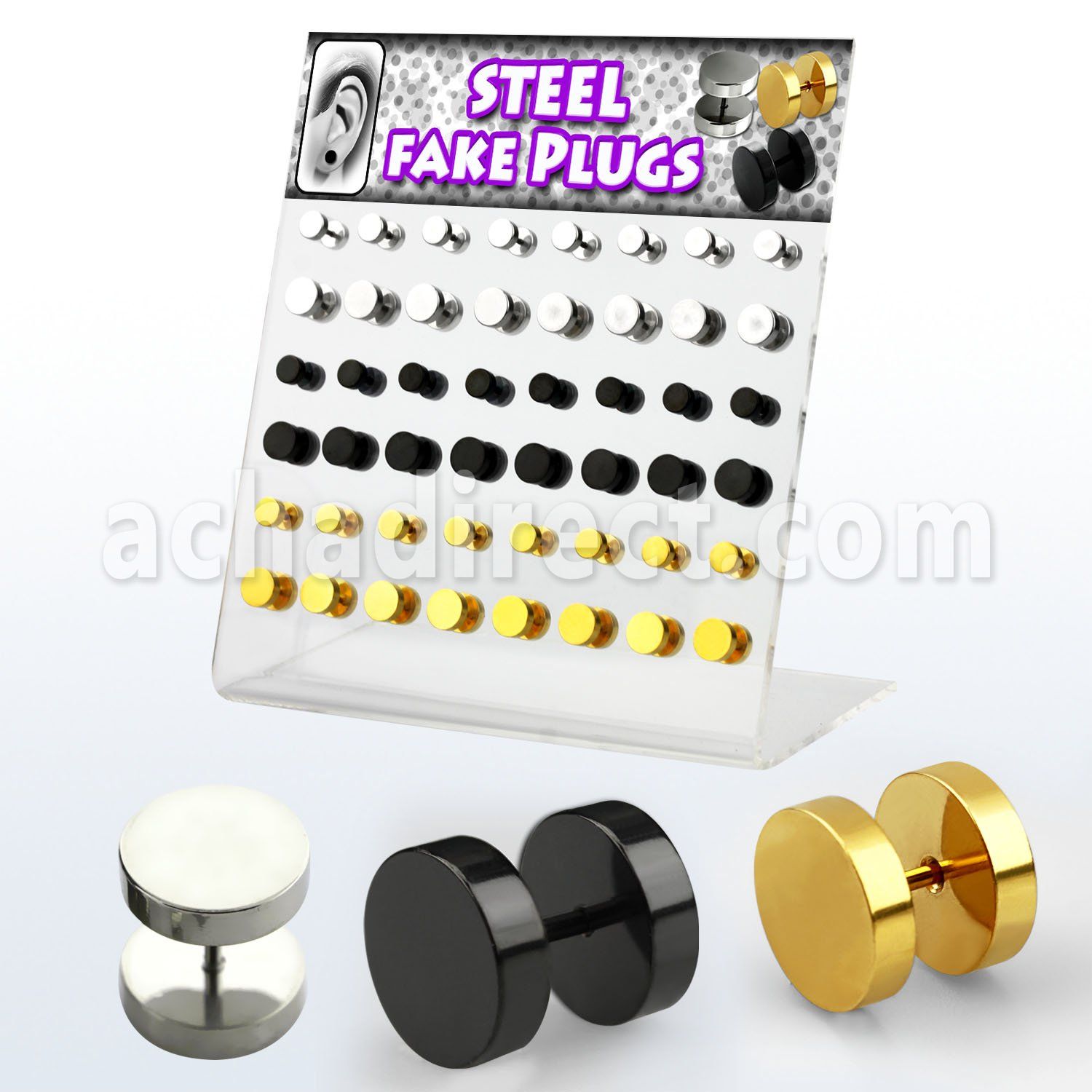 dacb105 display 48 plugs falsos acero 316l brillo espejo anodizado negro dorado anillo goma 6mm 8mm venta