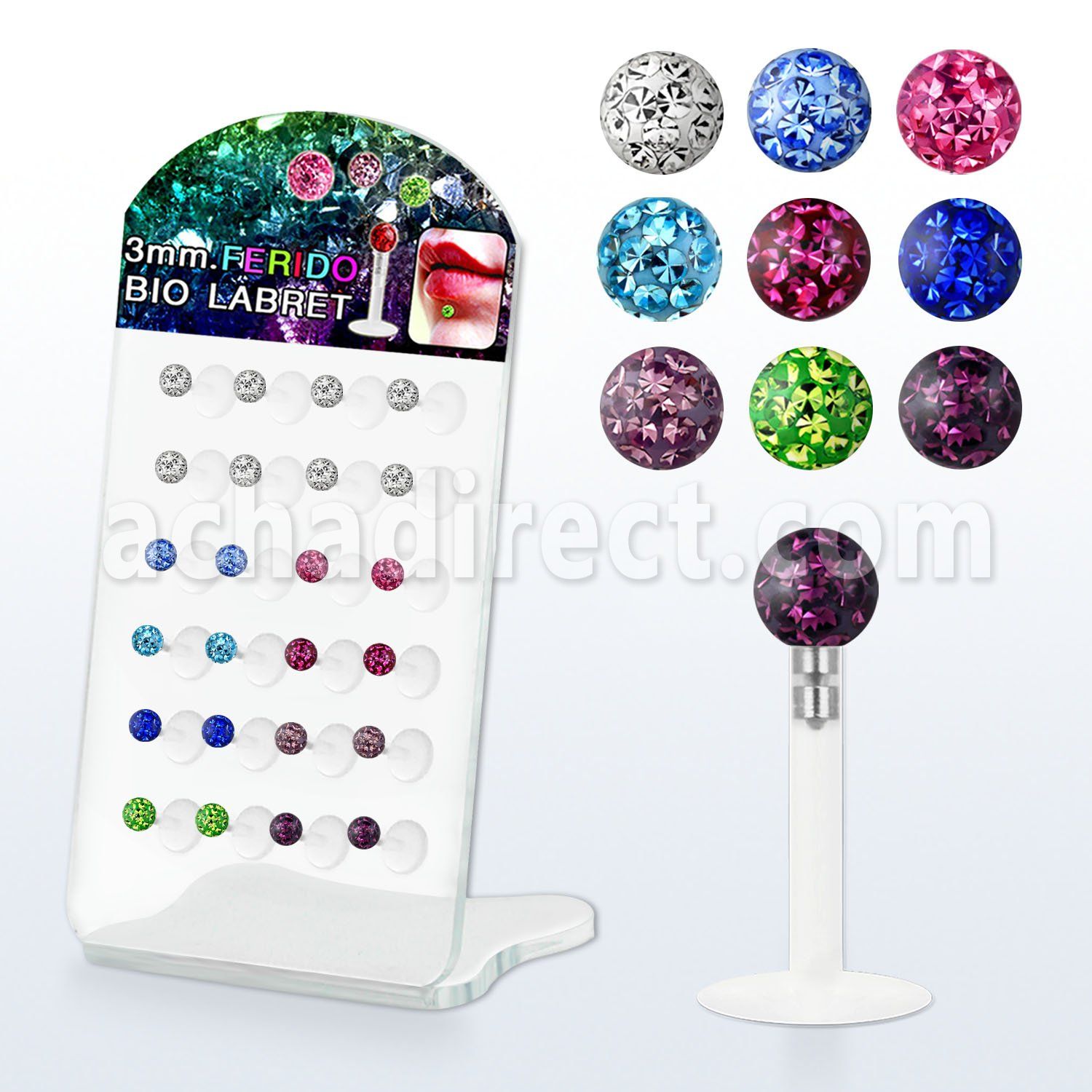 dacb107 display 24 labrets bio flexibles transparentes bola multi cristal 3mm presion 6mm 8mm distribuidor