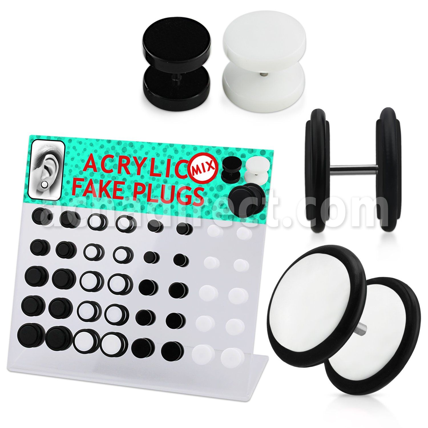 dacb112 display 40 plugs falsos acrilicos anillos goma blanco negro mayorista