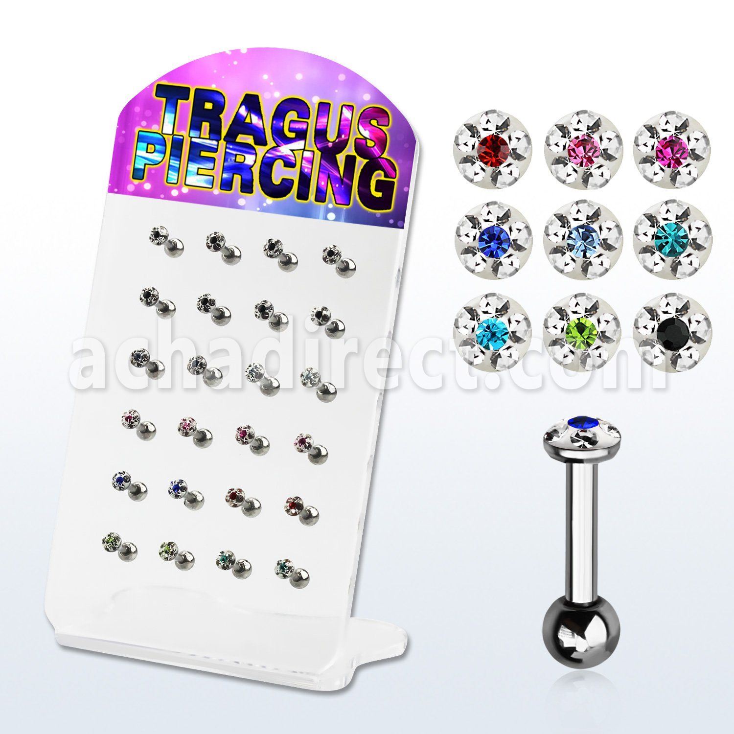 dacb118 pequeno display 24 barbells tragus acero quirurgico 3mm cristal ferido claros punto color centro bola 3mm 6mm 8mm distribuidor