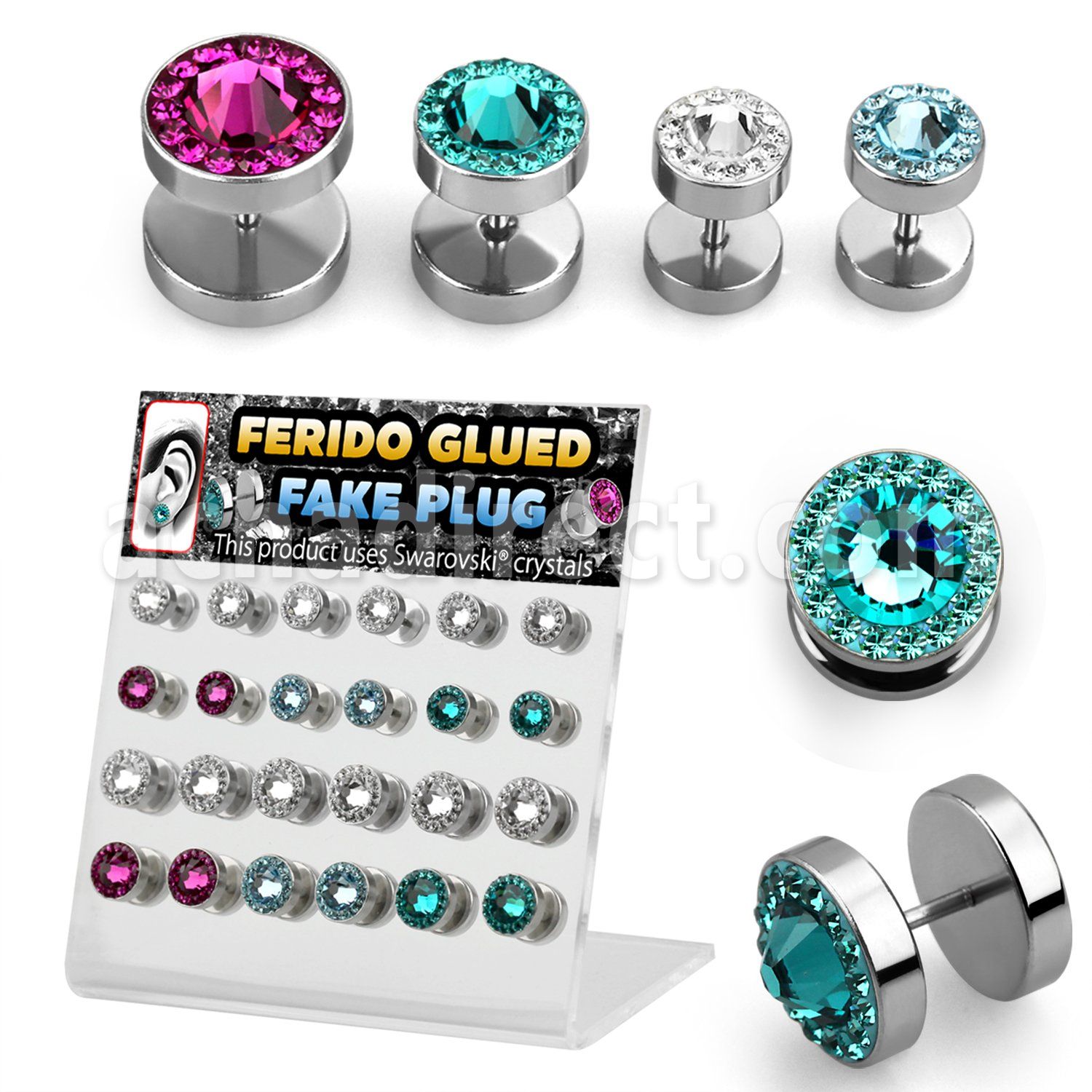 dacb122 display 24 plugs falsos acero cristal swarovski ferido centro cristal al por mayor