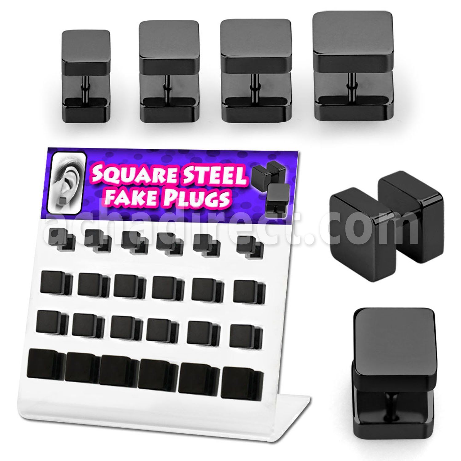 dacb131 display acrilico 24 plugs falsos acero quirurgico anodizado negro lados cuadrados venta