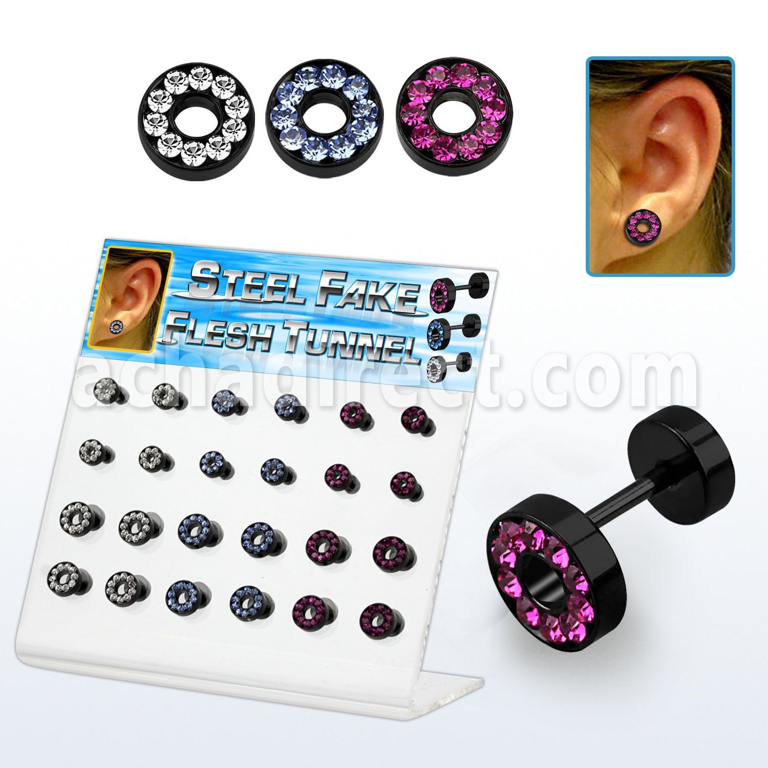 dacb137 display acrilico 24 dilataciones tunel falsas acero quirurgico anodizado negro cristal 6mm 8mm distribuidor mayorista