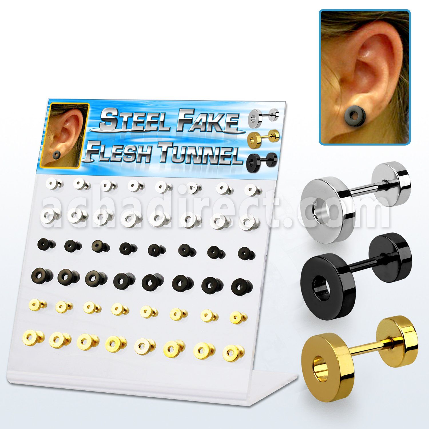 dacb138 display acrilico 48 dilataciones tunel falsas acero quirurgico pvd brillo espejo 6mm 8mm venta