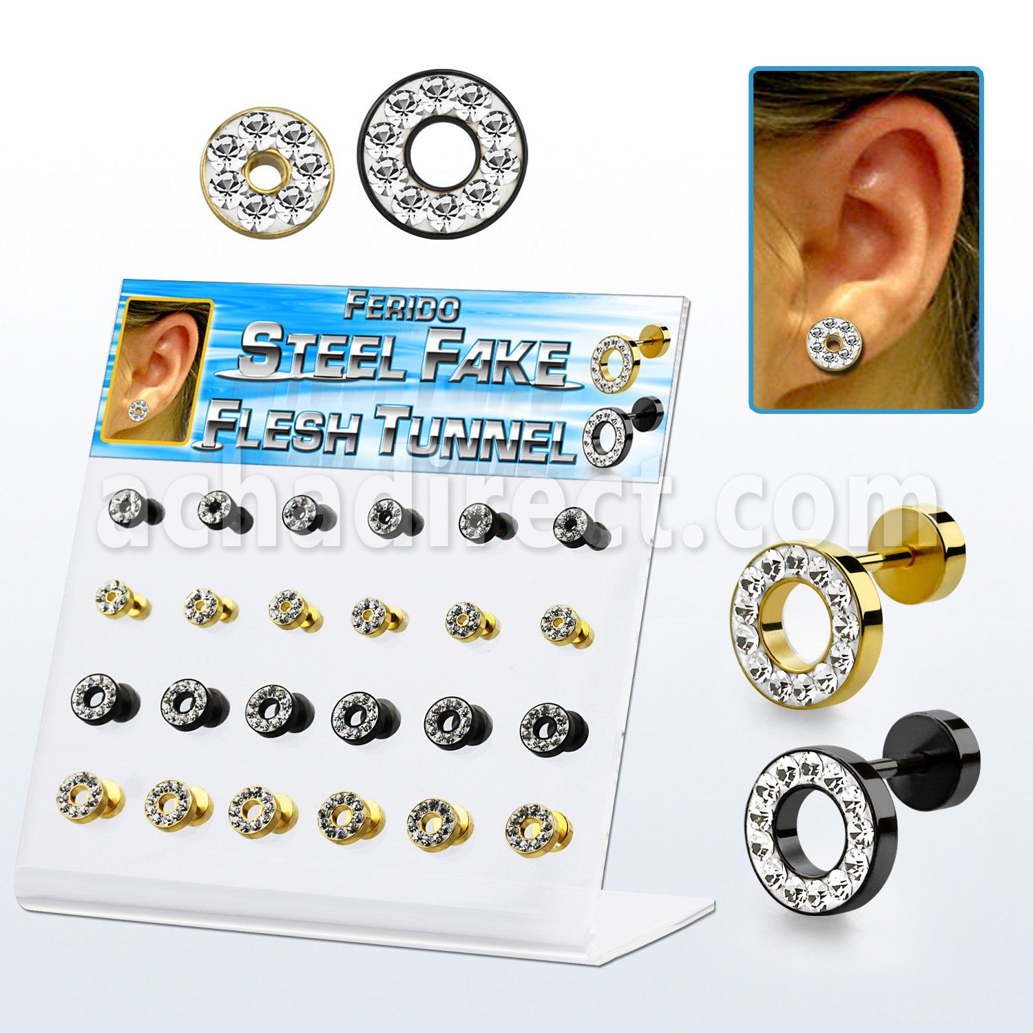 dacb141 display acrilico 24 dilataciones tunel falsas acero quirurgico pvd negro dorado multi cristal claros ferido 6mm 8mm distribuidor