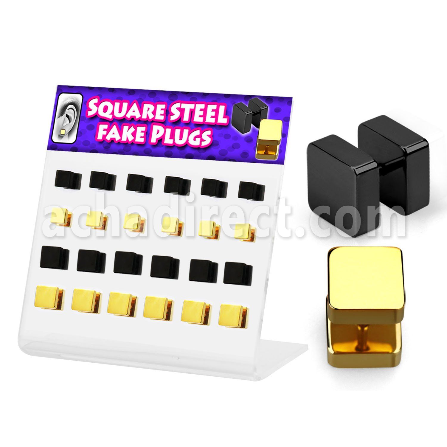 dacb148 display acrilico 24 plugs falsos acero 316l anodizado negro dorado lados cuadrados 6mm 8mm mayorista