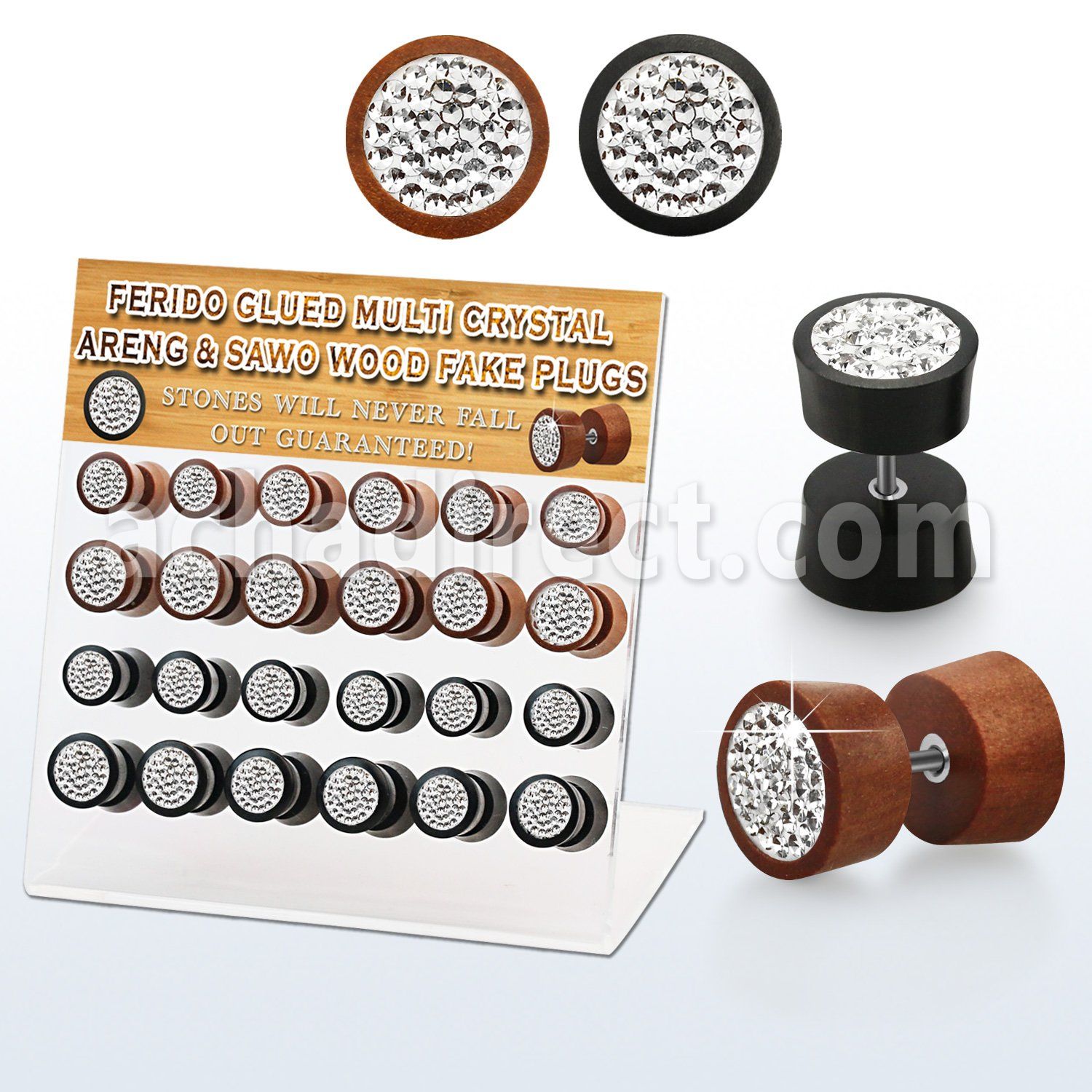 dacb186 display acrilico 24 plugs falsos madera areng sawo multi cristal ferido lado 8mm 10mm venta