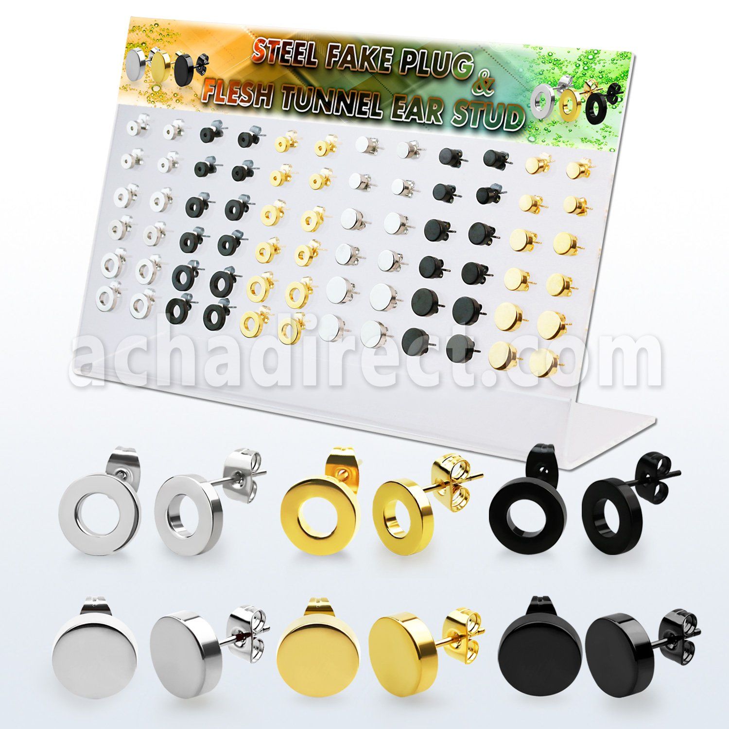 dacb205 display 36 pares piercings oreja dilataciones tunel falsas plugs falsos brillo espejo anodizado negro dorado distribuidor mayorista