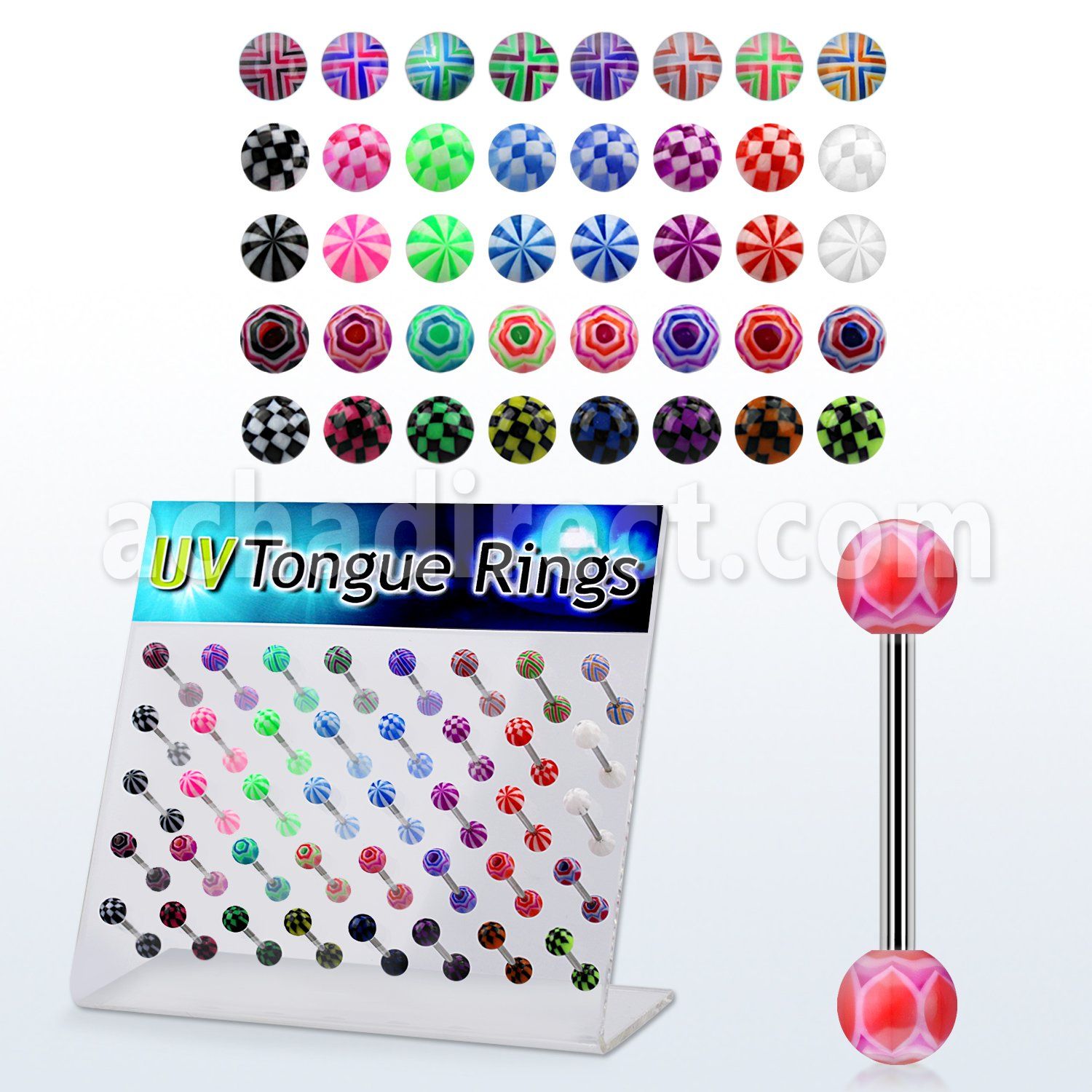 dacb20 display 40 barbells lengua acero quirurgico bolas acrilicas 6mm estilos variados 16mm distribuidor