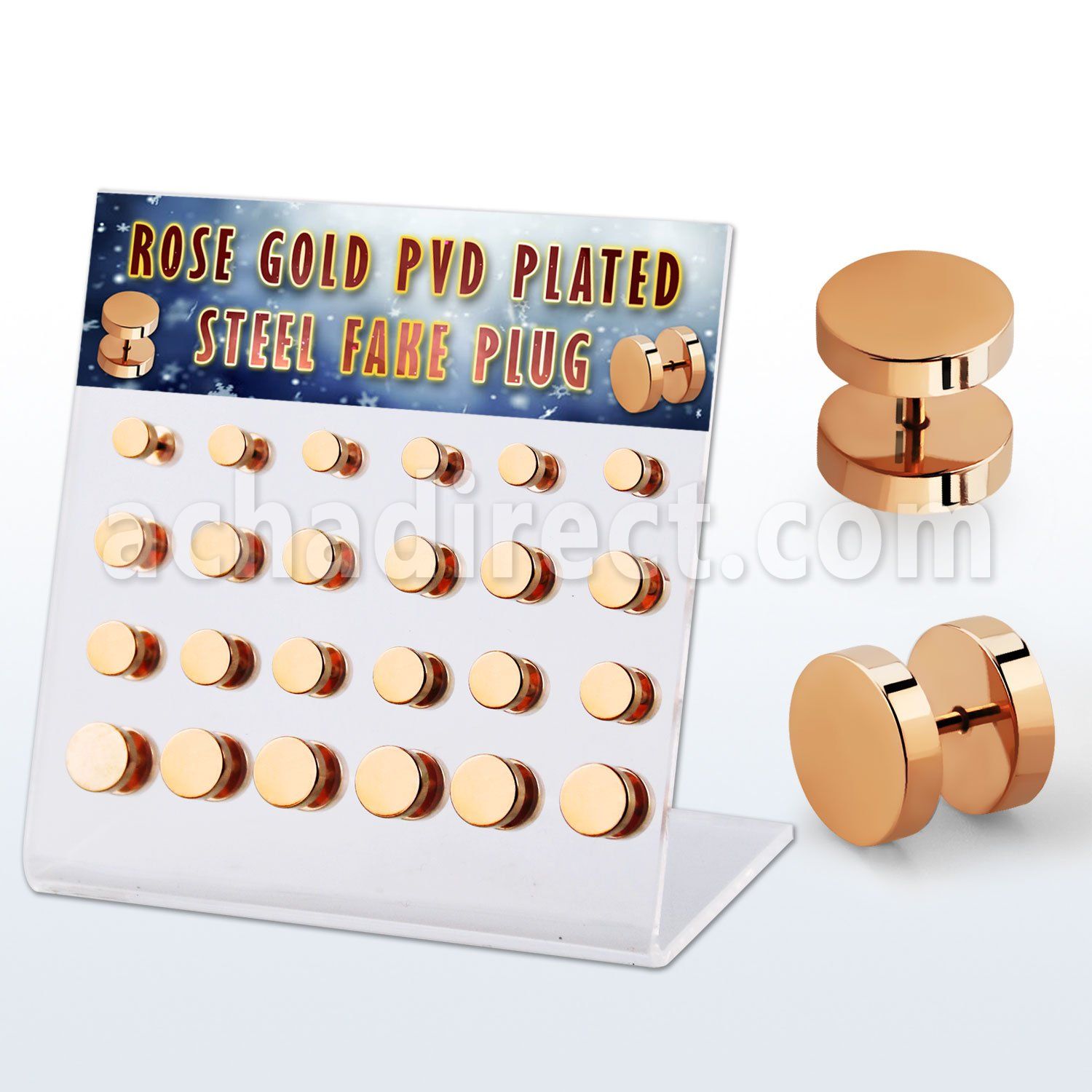 dacb211 display 24 plugs falsos acero 316l anodizado oro rosa anillo goma al por mayor
