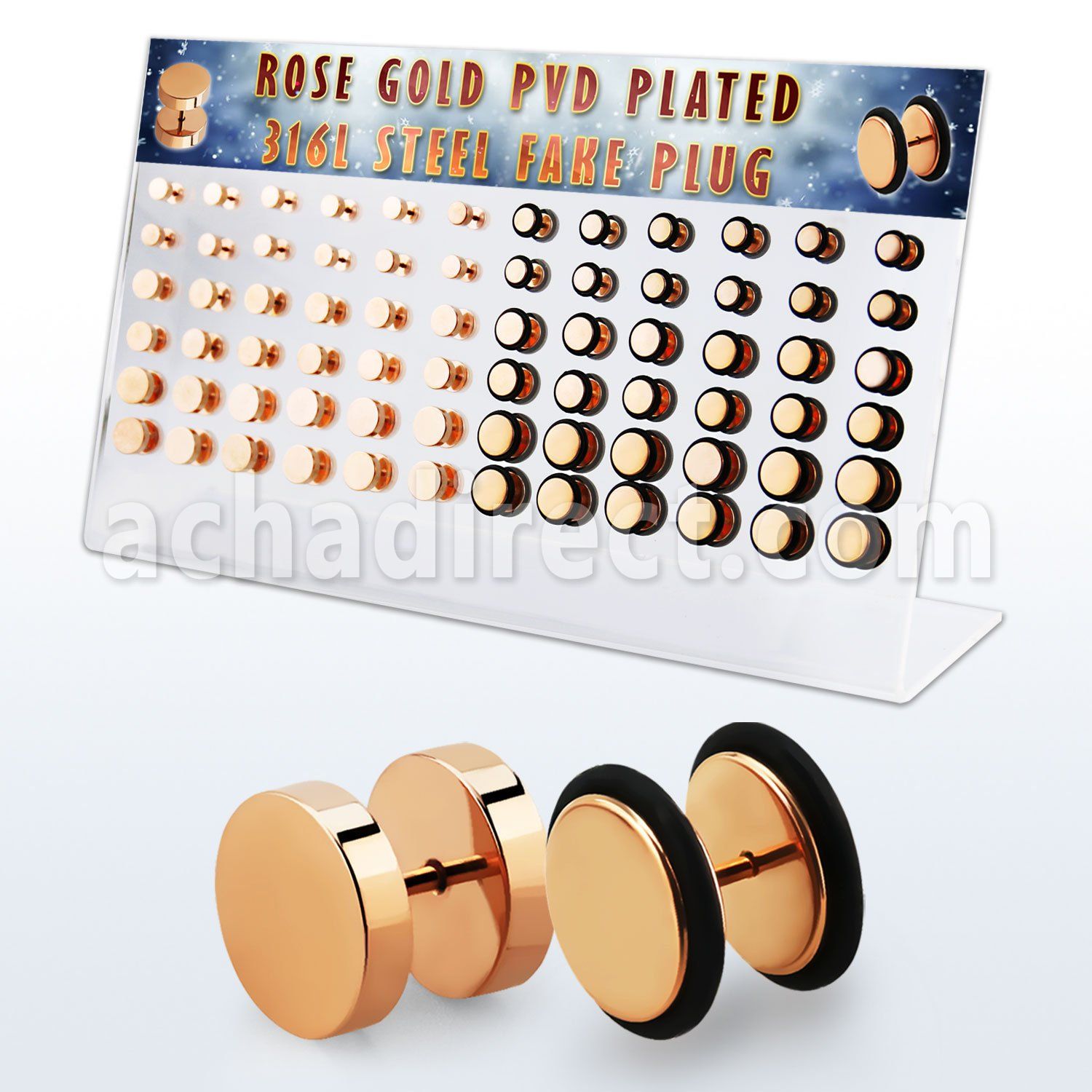 dacb217 display 72 plugs falsos acero 316l anodizado oro rosa anillo goma distribuidor mayorista